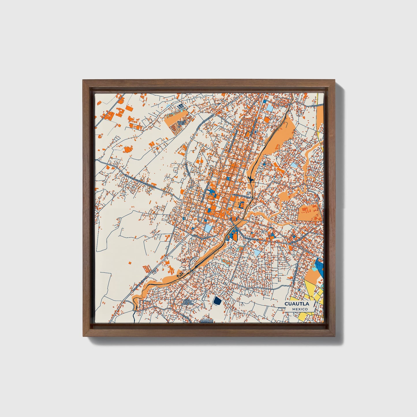 Cuautla Mexico Colorful City Map Canvas Print • Dark Wooden Framed