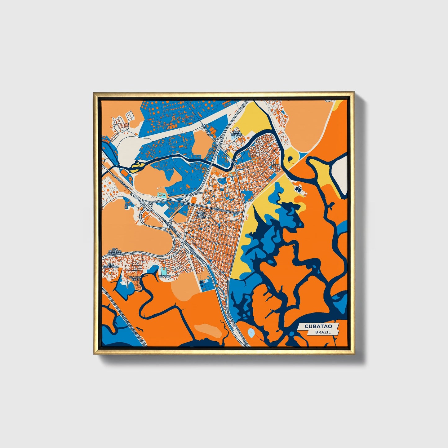 Cubatao Brazil Colorful City Map Canvas Print • Gold Framed