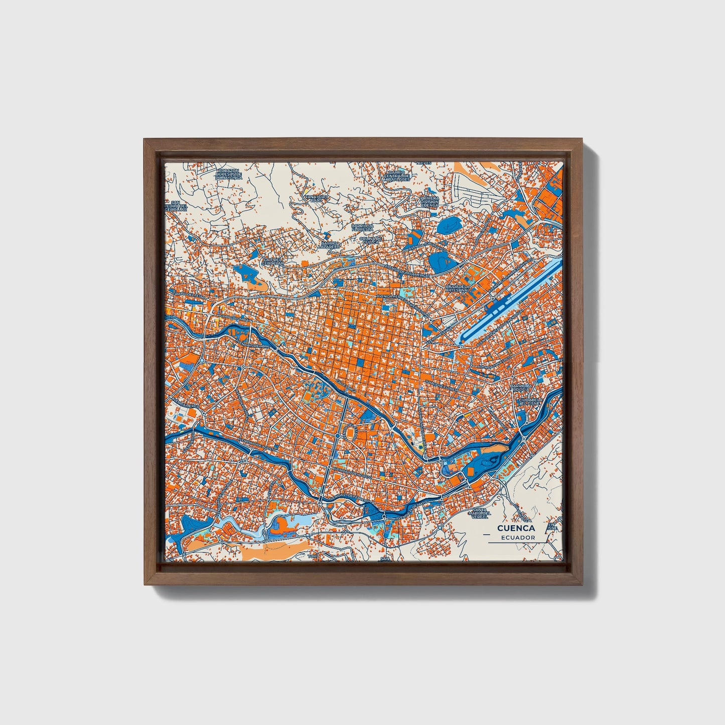 Cuenca Ecuador Colorful City Map Canvas Print • Dark Wooden Framed