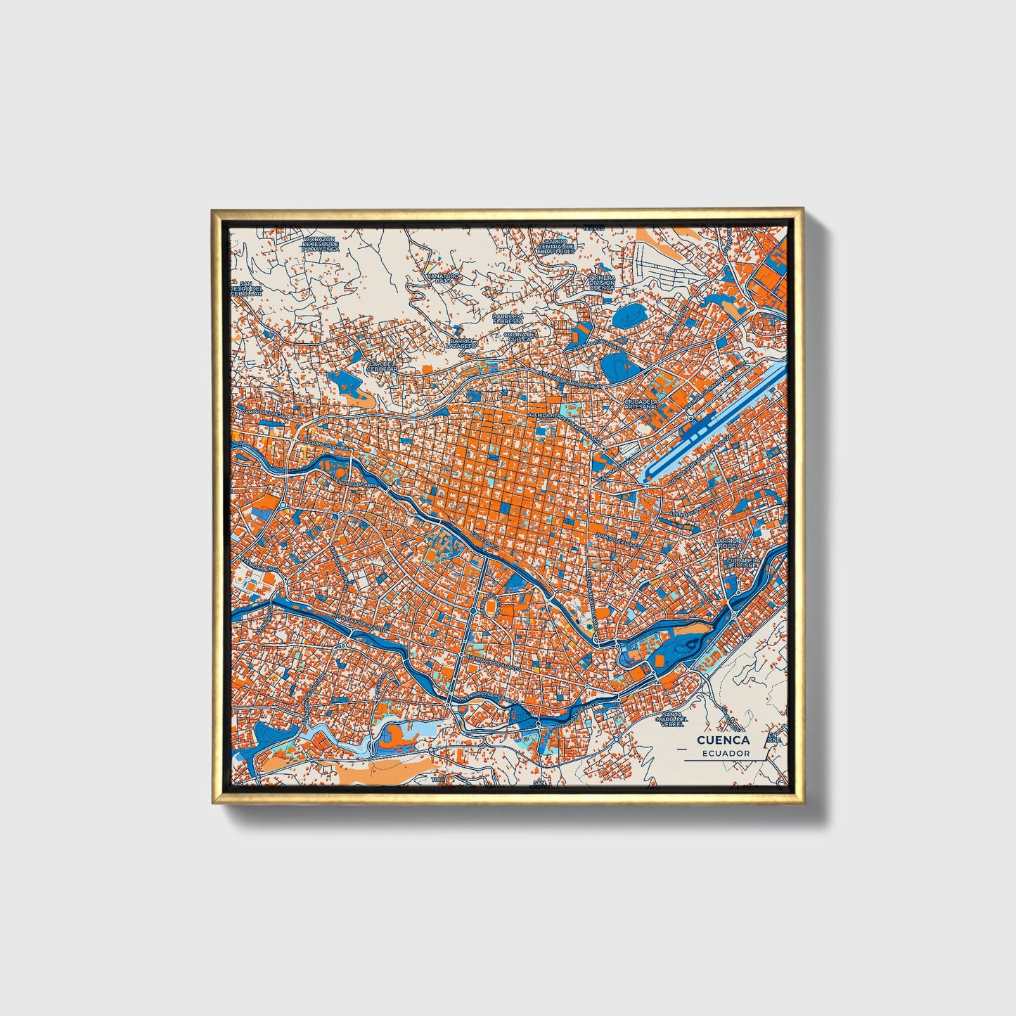 Cuenca Ecuador Colorful City Map Canvas Print • Gold Framed