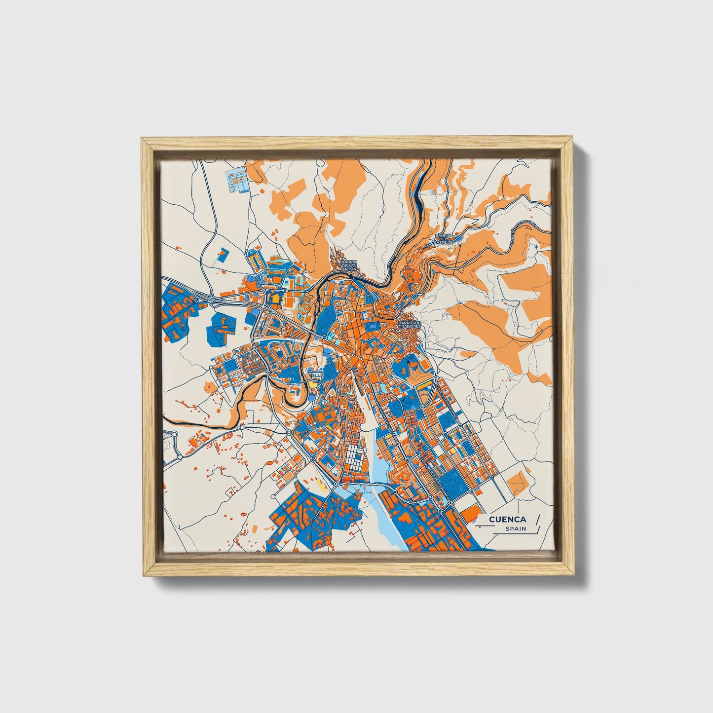 Cuenca Spain Colorful City Map Canvas Print • Natural Wooden Framed