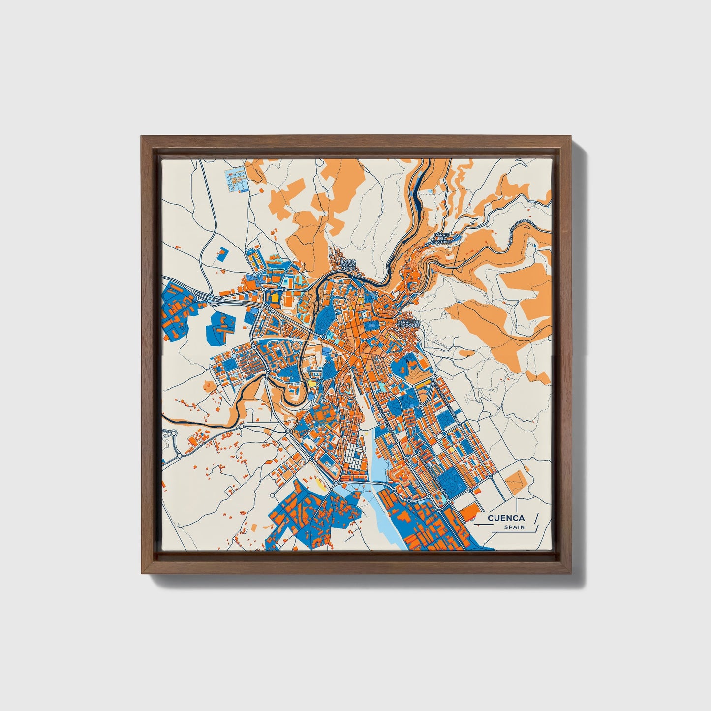 Cuenca Spain Colorful City Map Canvas Print • Dark Wooden Framed