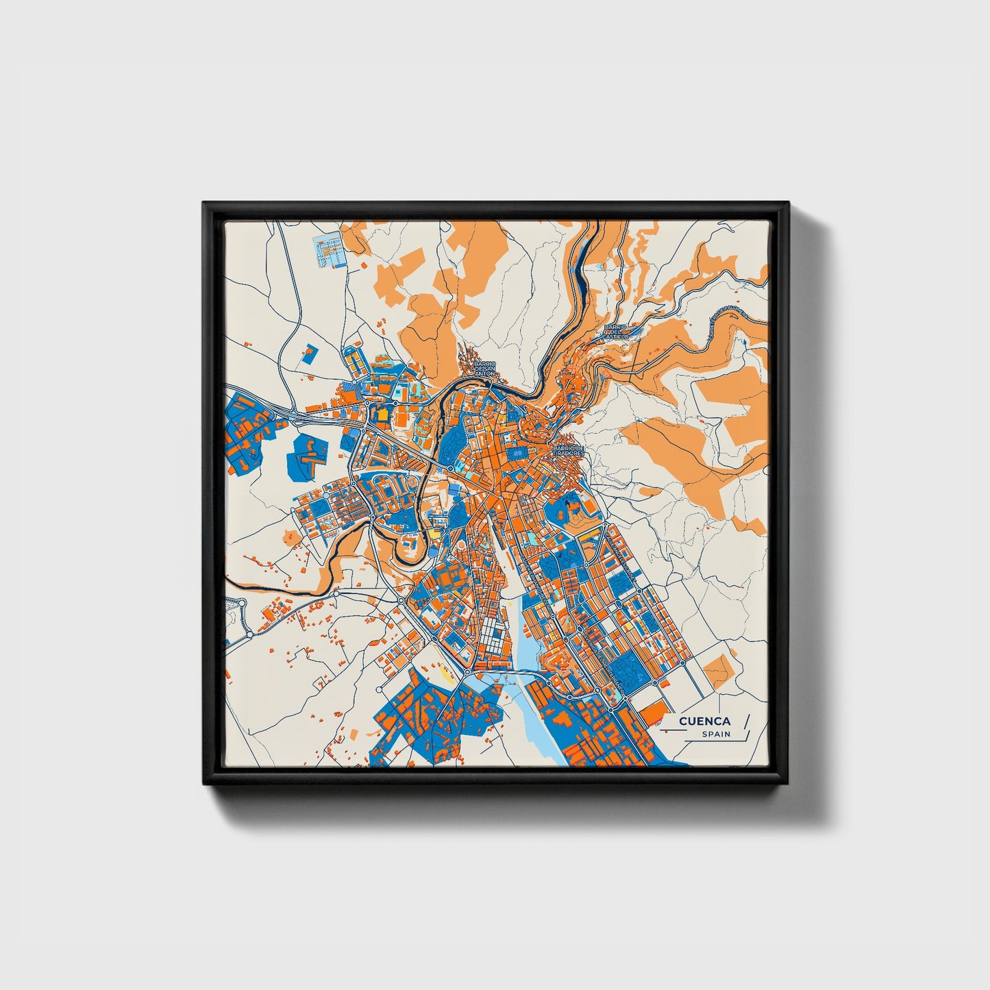 Cuenca Spain Colorful City Map Canvas Print • Black Framed