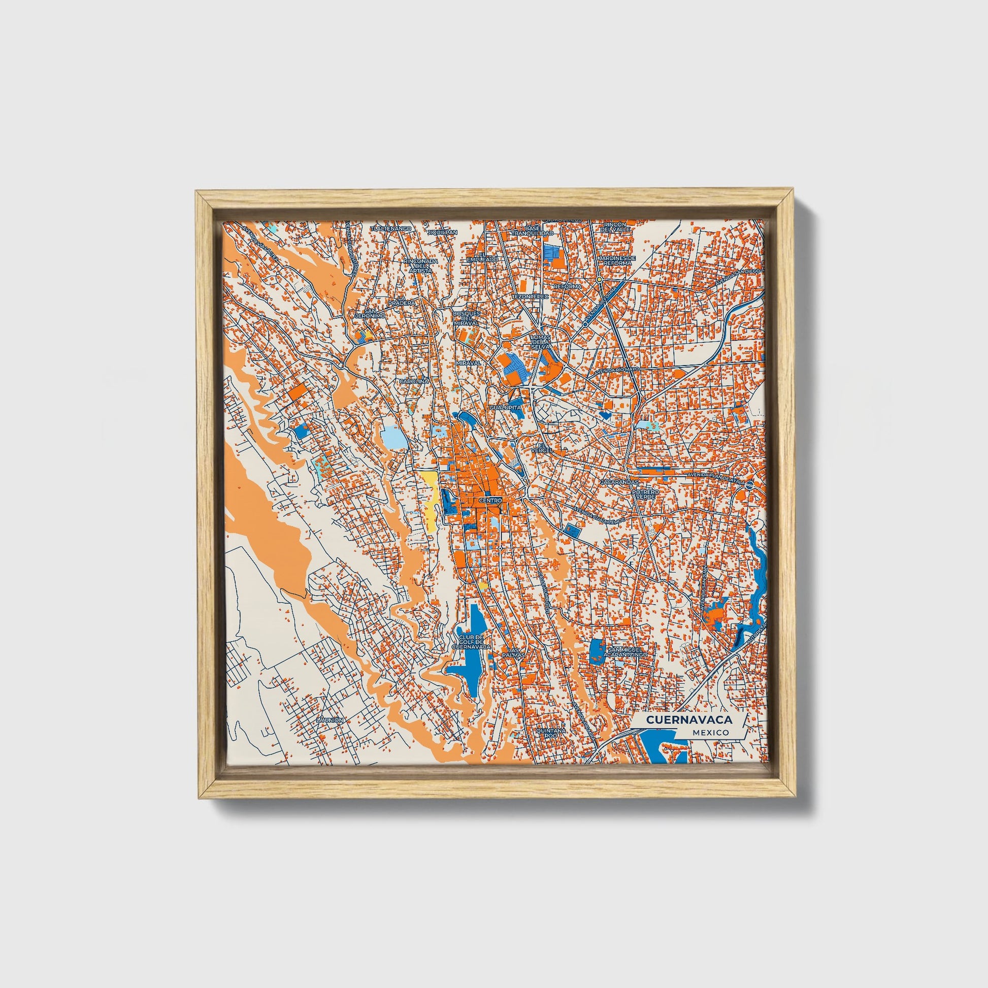 Cuernavaca Mexico Colorful City Map Canvas Print • Natural Wooden Framed