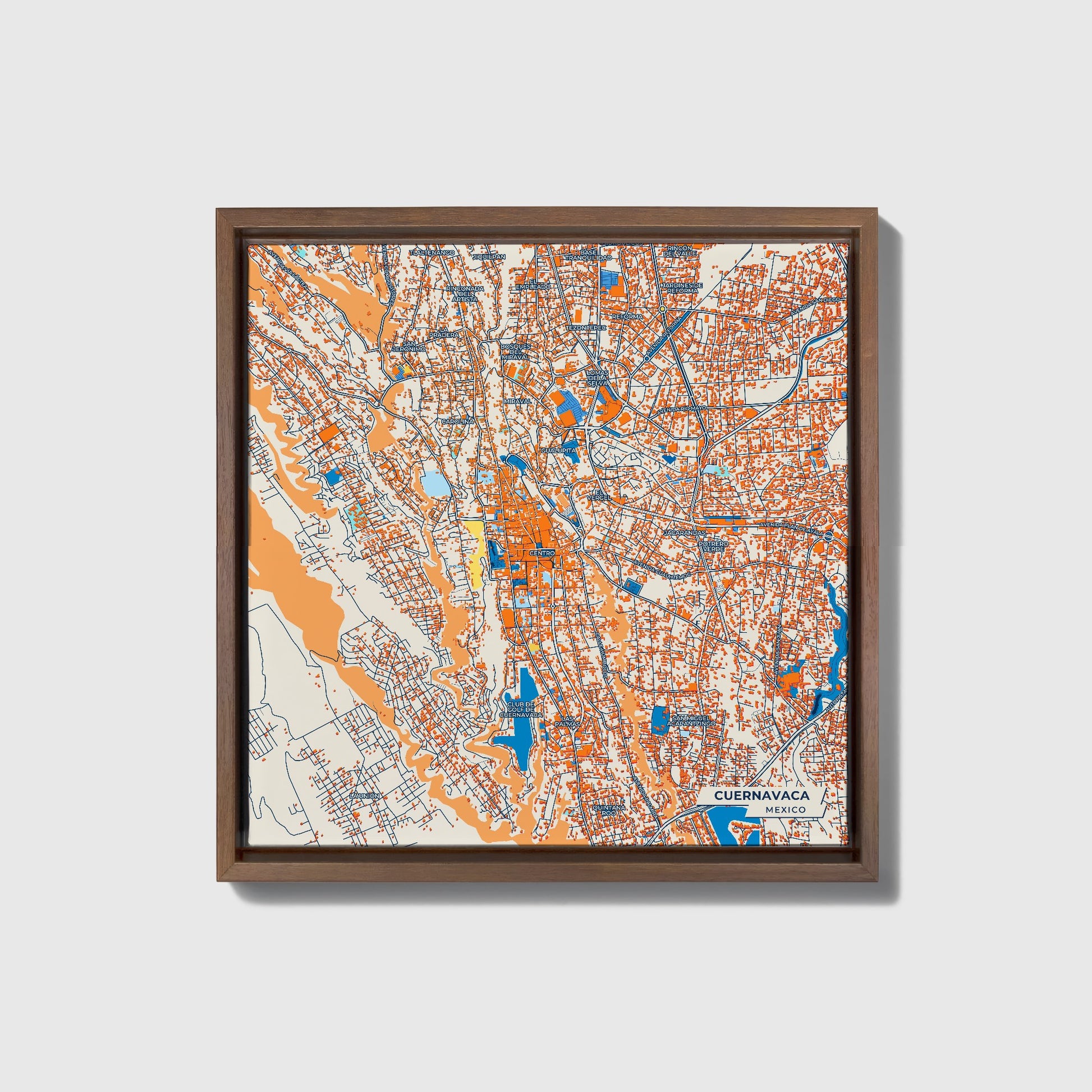 Cuernavaca Mexico Colorful City Map Canvas Print • Dark Wooden Framed