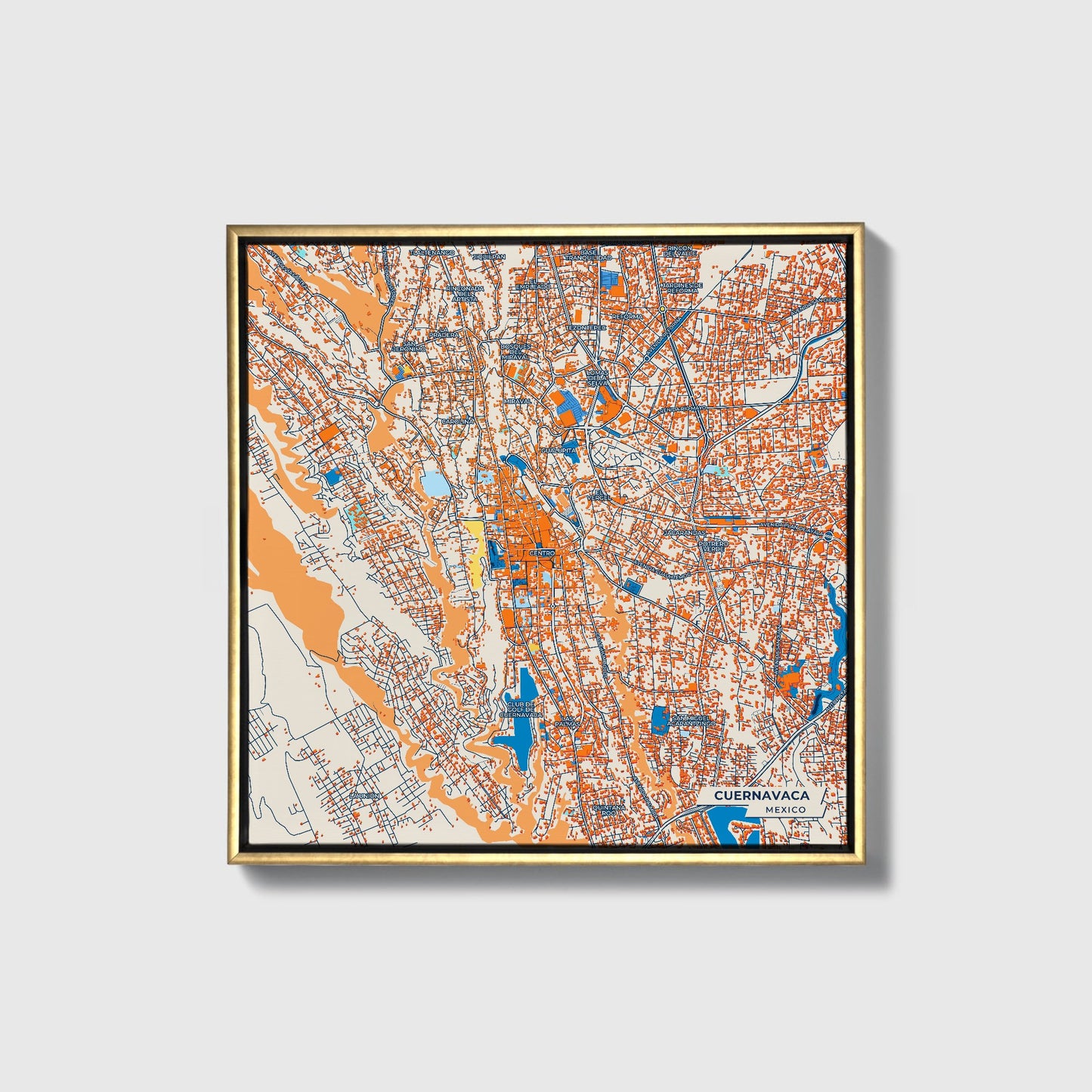 Cuernavaca Mexico Colorful City Map Canvas Print • Gold Framed