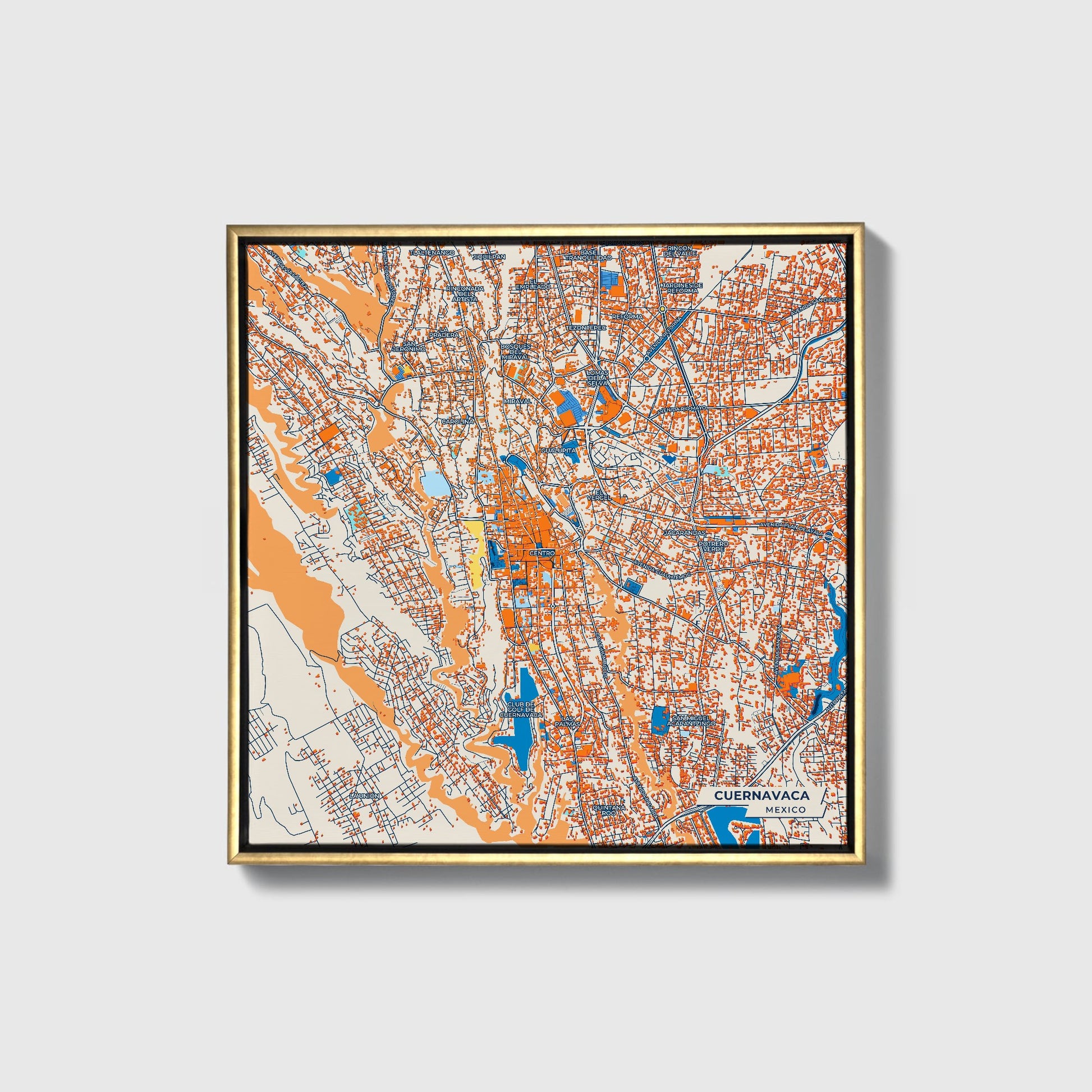 Cuernavaca Mexico Colorful City Map Canvas Print • Gold Framed