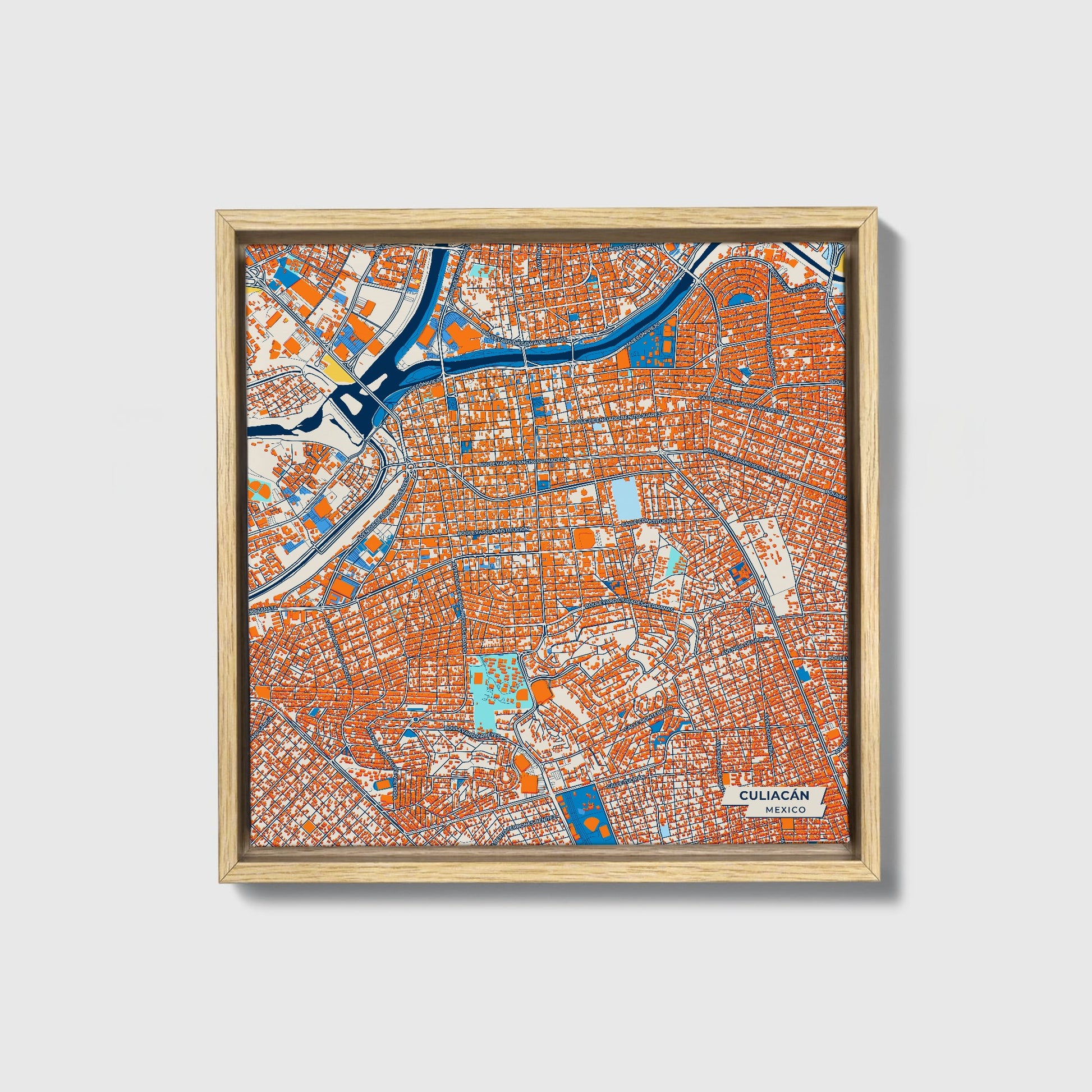 Culiacán Mexico Colorful City Map Canvas Print • Natural Wooden Framed
