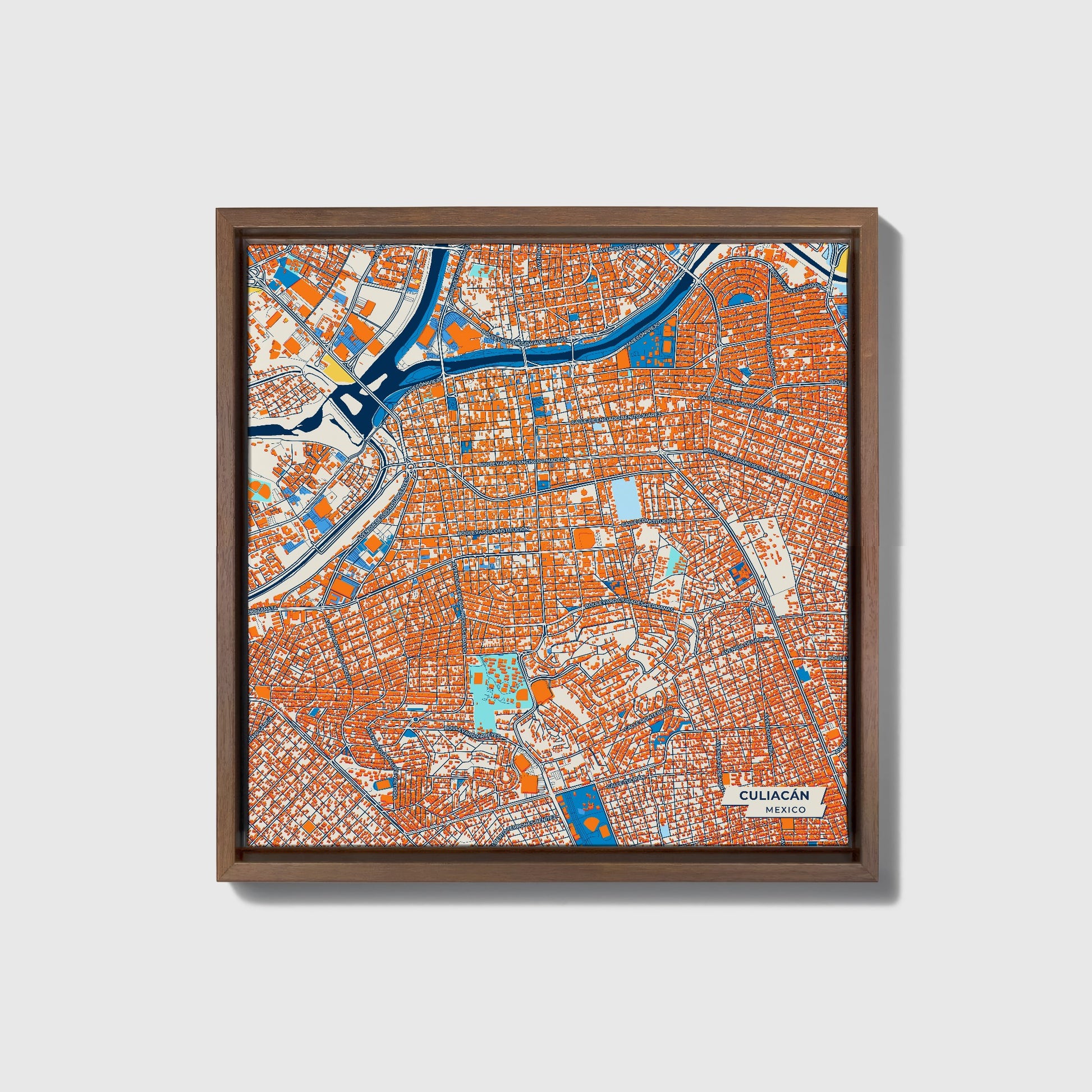 Culiacán Mexico Colorful City Map Canvas Print • Dark Wooden Framed