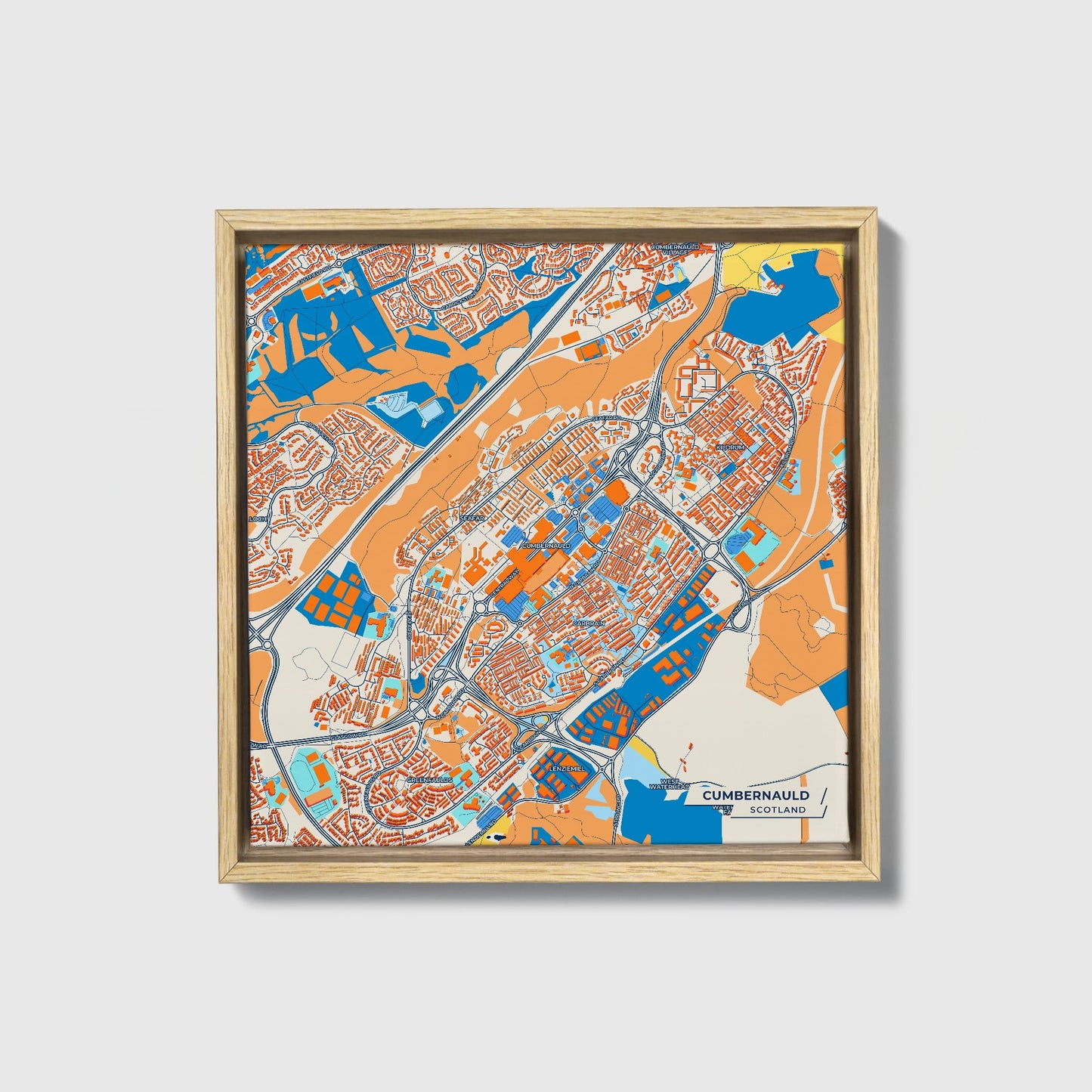 Cumbernauld Scotland Colorful City Map Canvas Print • Natural Wooden Framed