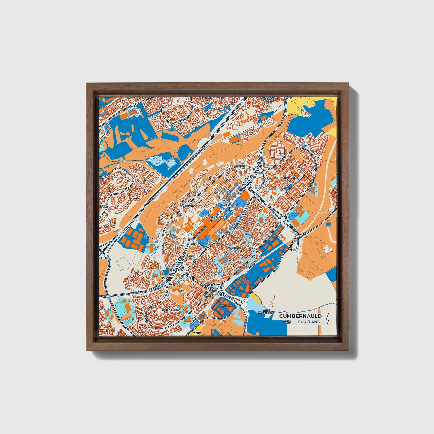 Cumbernauld Scotland Colorful City Map Canvas Print • Dark Wooden Framed