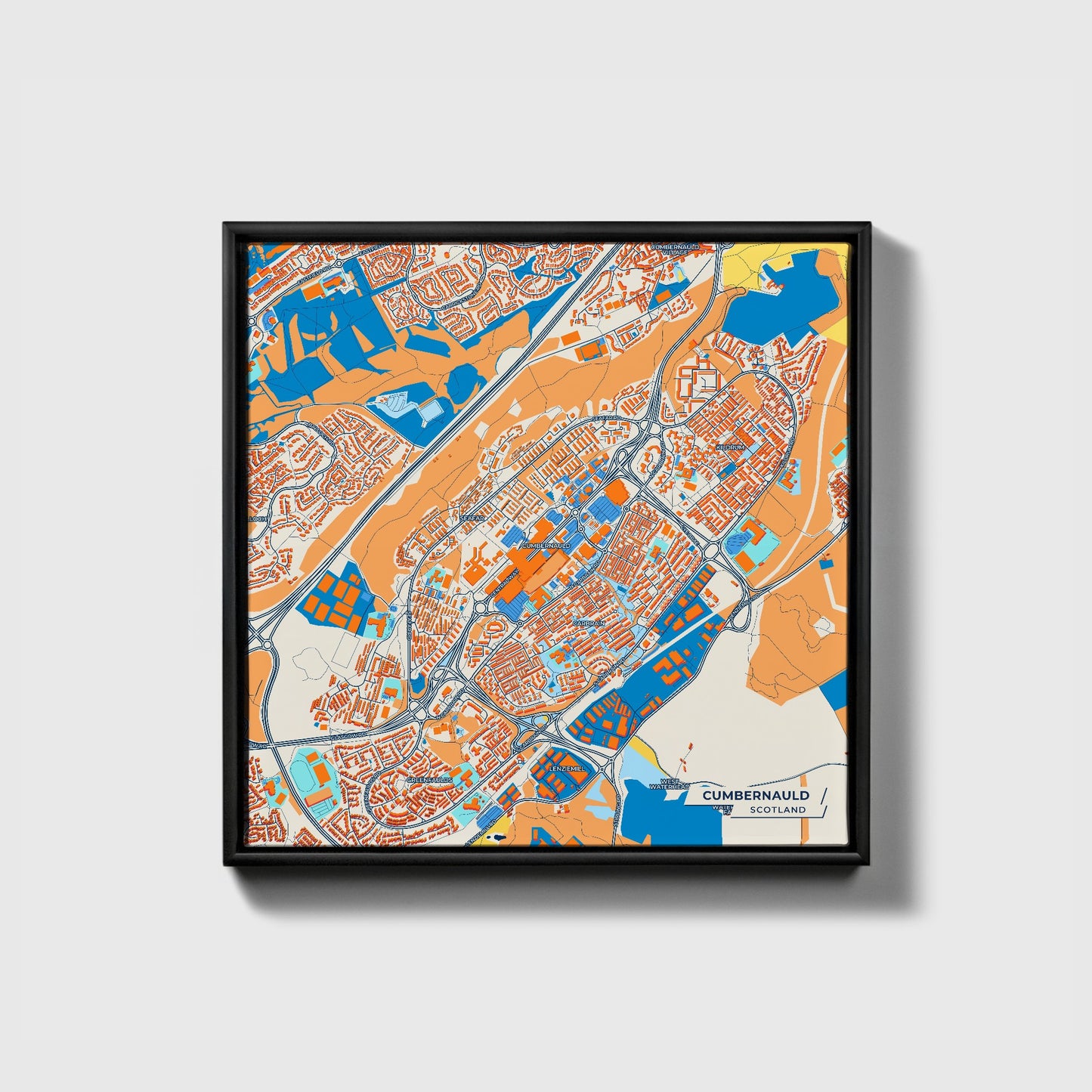 Cumbernauld Scotland Colorful City Map Canvas Print • Black Framed
