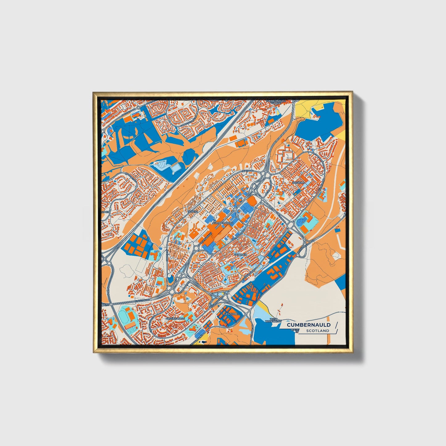 Cumbernauld Scotland Colorful City Map Canvas Print • Gold Framed