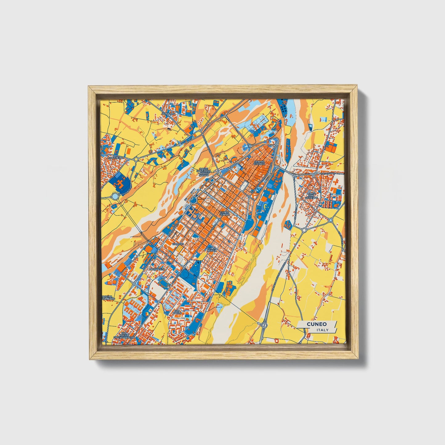 Cuneo Italy Colorful City Map Canvas Print • Natural Wooden Framed