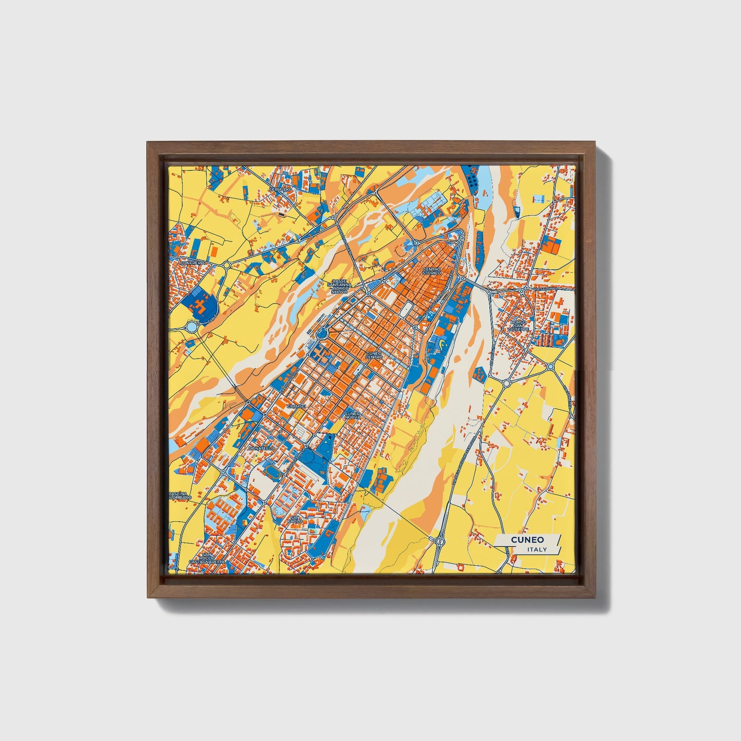 Cuneo Italy Colorful City Map Canvas Print • Dark Wooden Framed