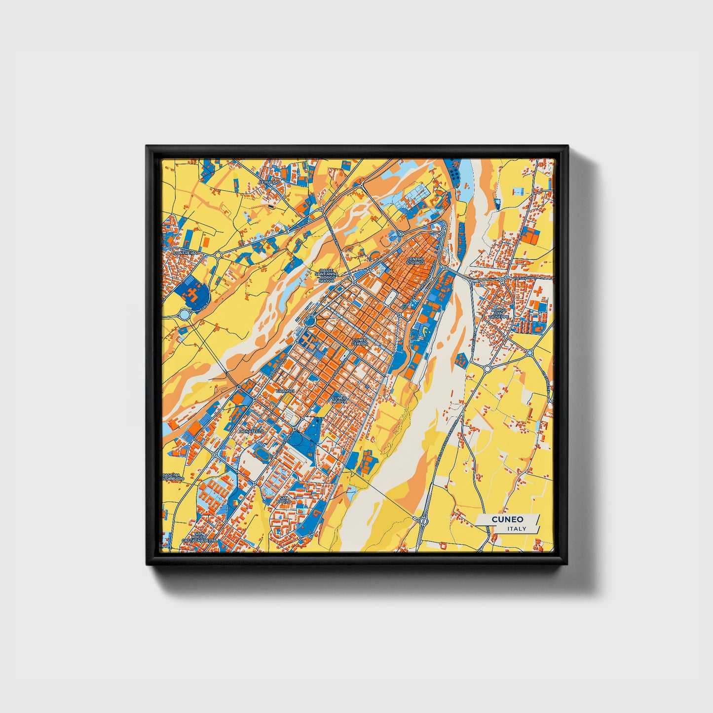 Cuneo Italy Colorful City Map Canvas Print • Black Framed