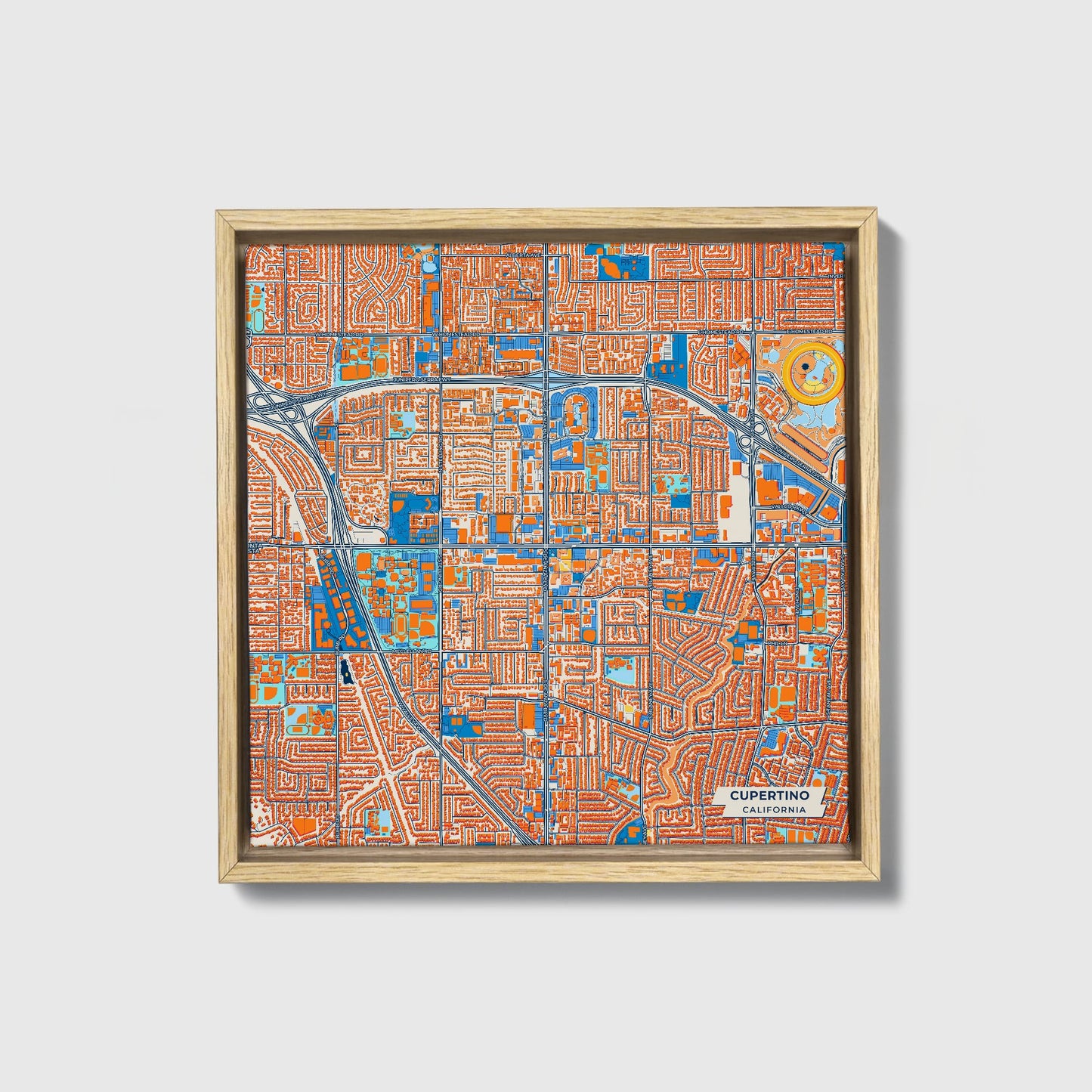Cupertino California Colorful City Map Canvas Print • Natural Wooden Framed