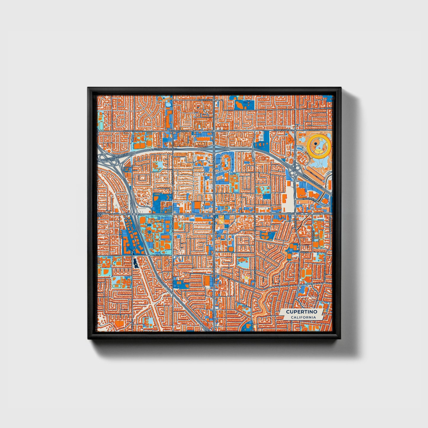 Cupertino California Colorful City Map Canvas Print • Black Framed