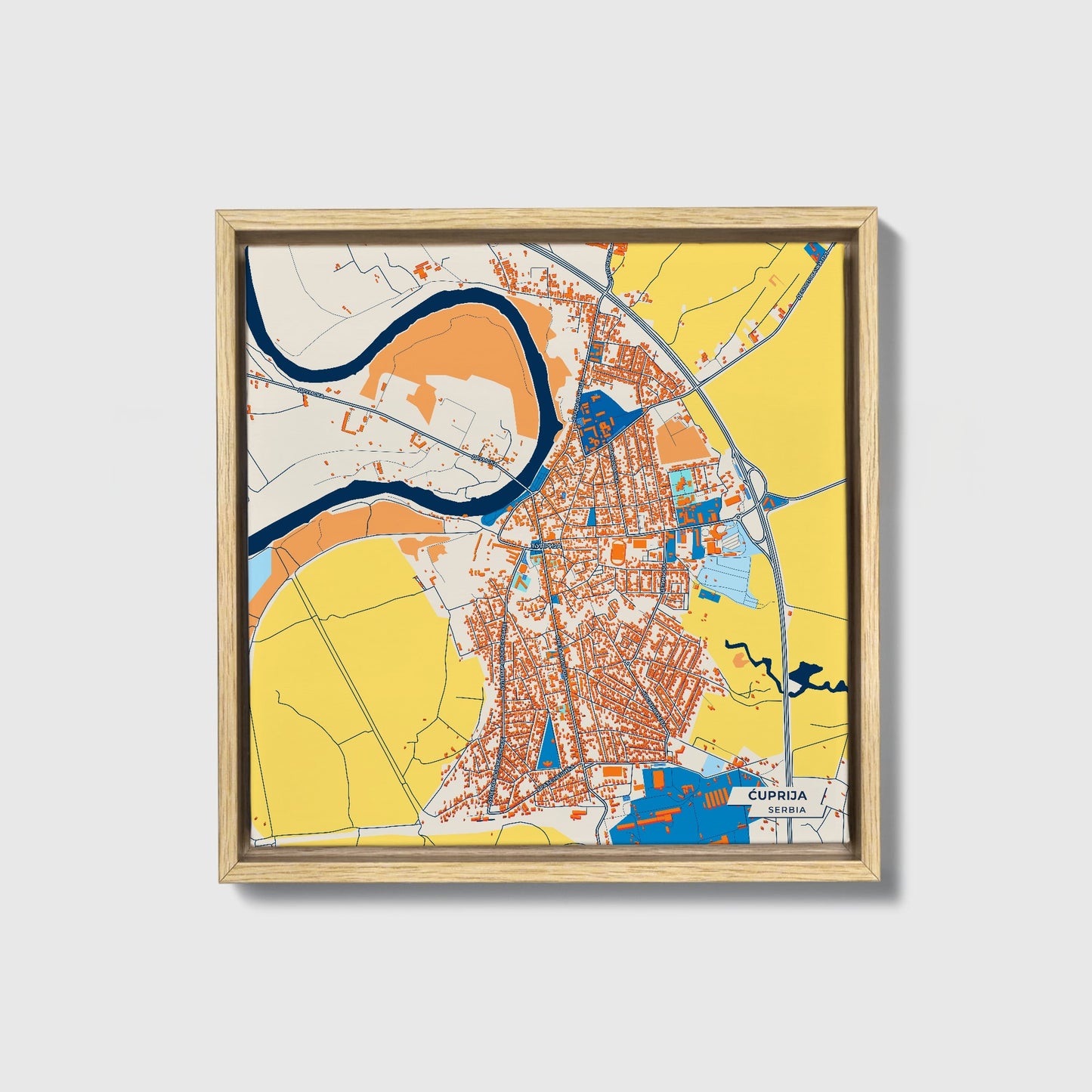 Ћуприја Serbia Colorful City Map Canvas Print • Natural Wooden Framed