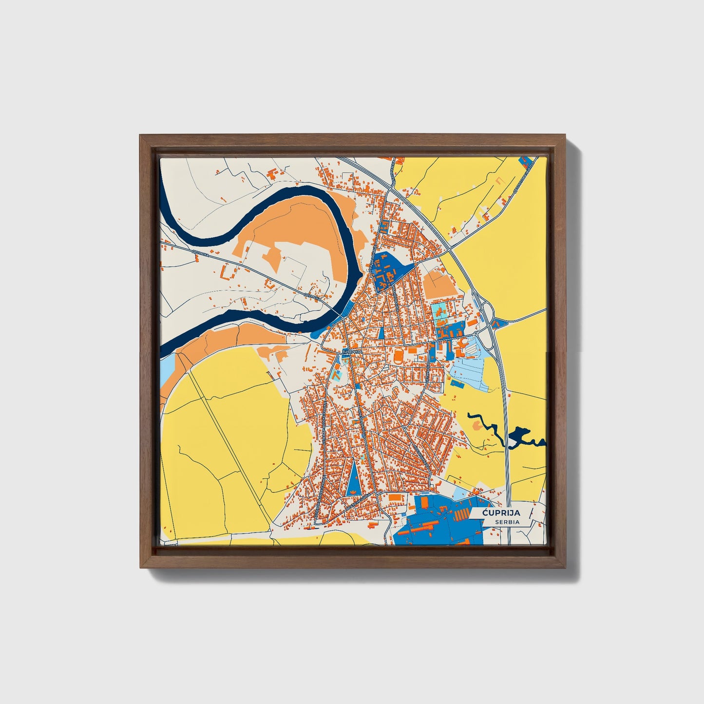 Ћуприја Serbia Colorful City Map Canvas Print • Dark Wooden Framed