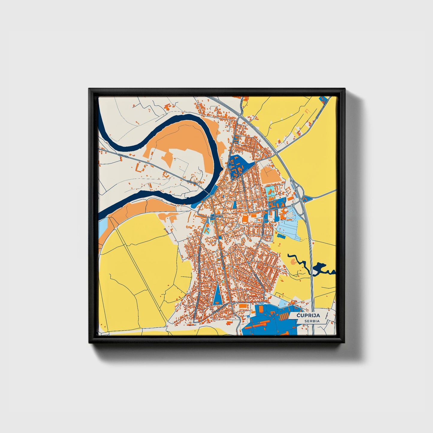 Ћуприја Serbia Colorful City Map Canvas Print • Black Framed