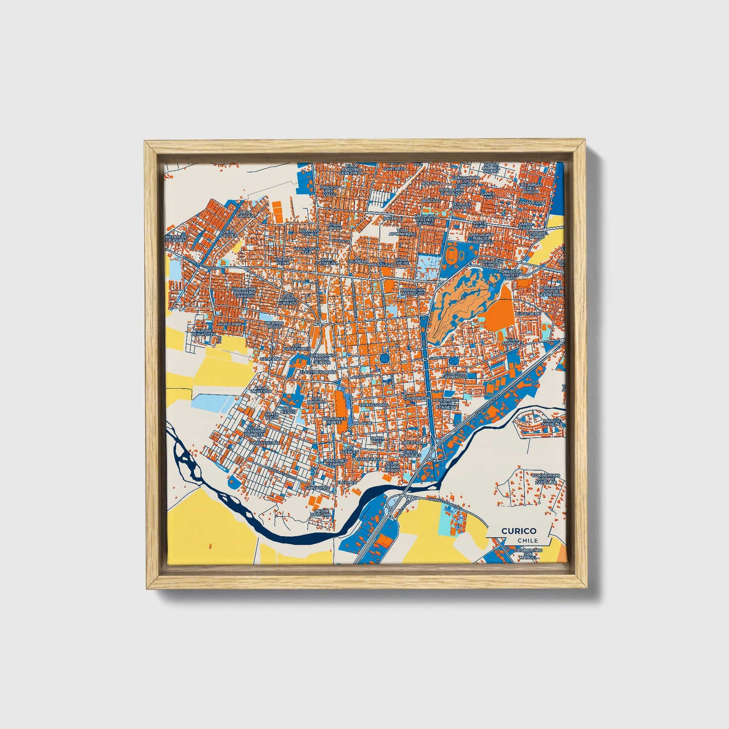 Curico Chile Colorful City Map Canvas Print • Natural Wooden Framed
