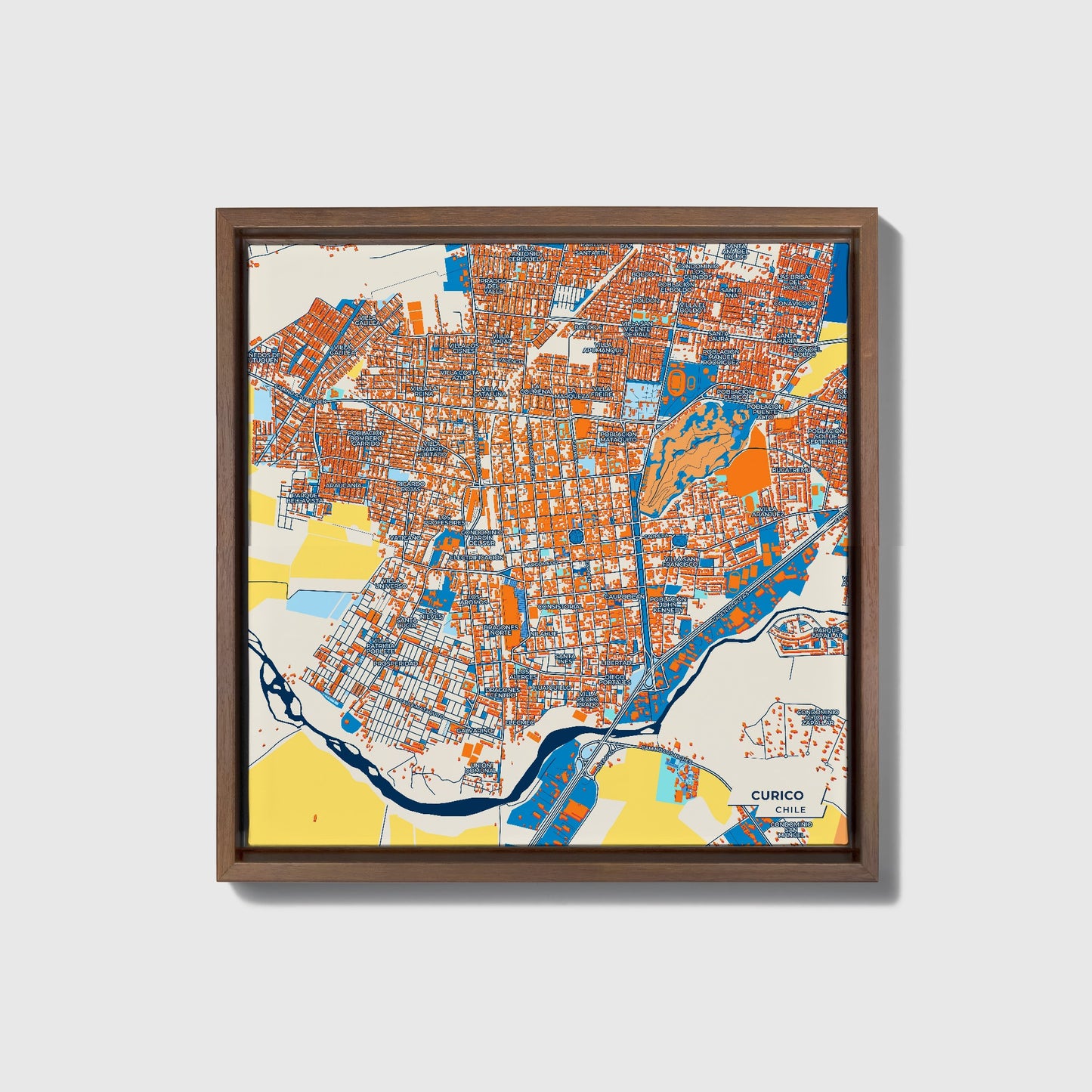 Curico Chile Colorful City Map Canvas Print • Dark Wooden Framed