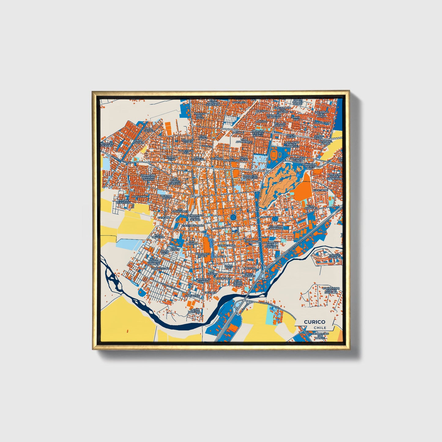 Curico Chile Colorful City Map Canvas Print • Gold Framed