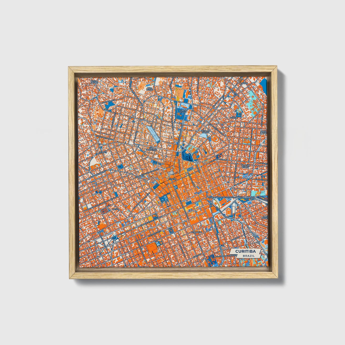 Curitiba Brazil Colorful City Map Canvas Print • Natural Wooden Framed