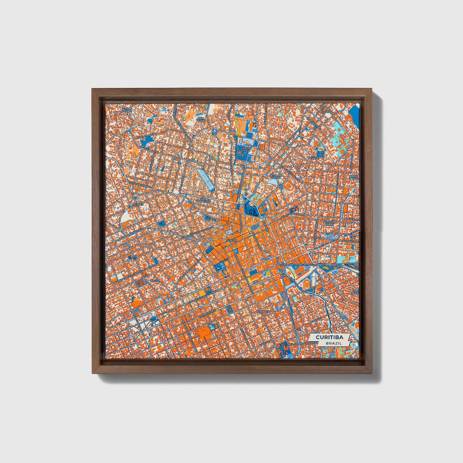 Curitiba Brazil Colorful City Map Canvas Print • Dark Wooden Framed