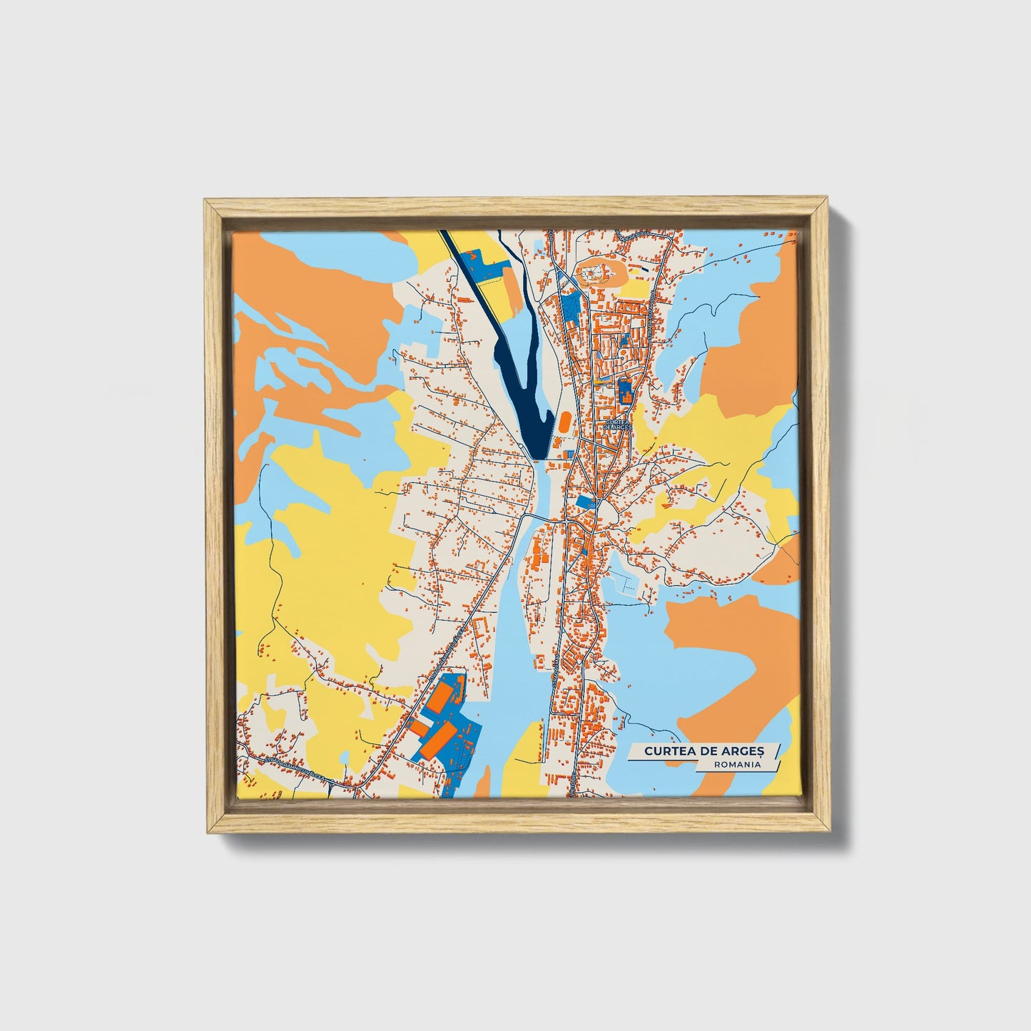 Curtea De Argeș Romania Colorful City Map Canvas Print • Natural Wooden Framed
