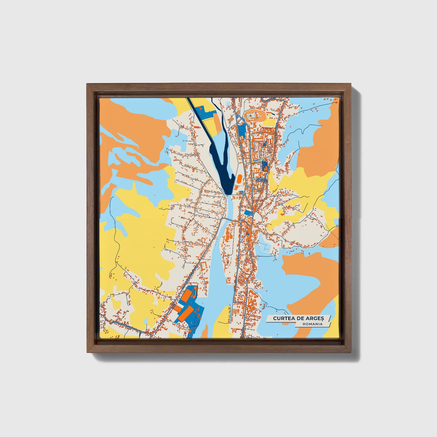 Curtea De Argeș Romania Colorful City Map Canvas Print • Dark Wooden Framed