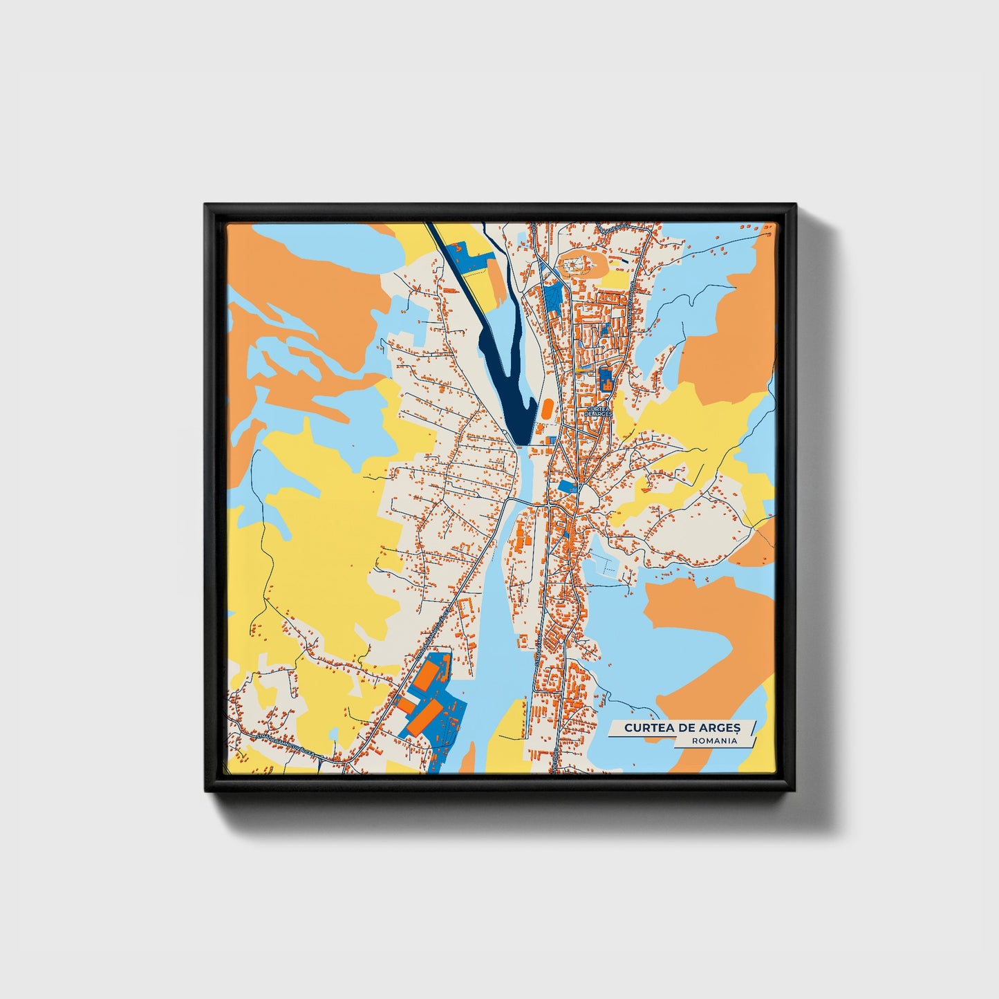 Curtea De Argeș Romania Colorful City Map Canvas Print • Black Framed