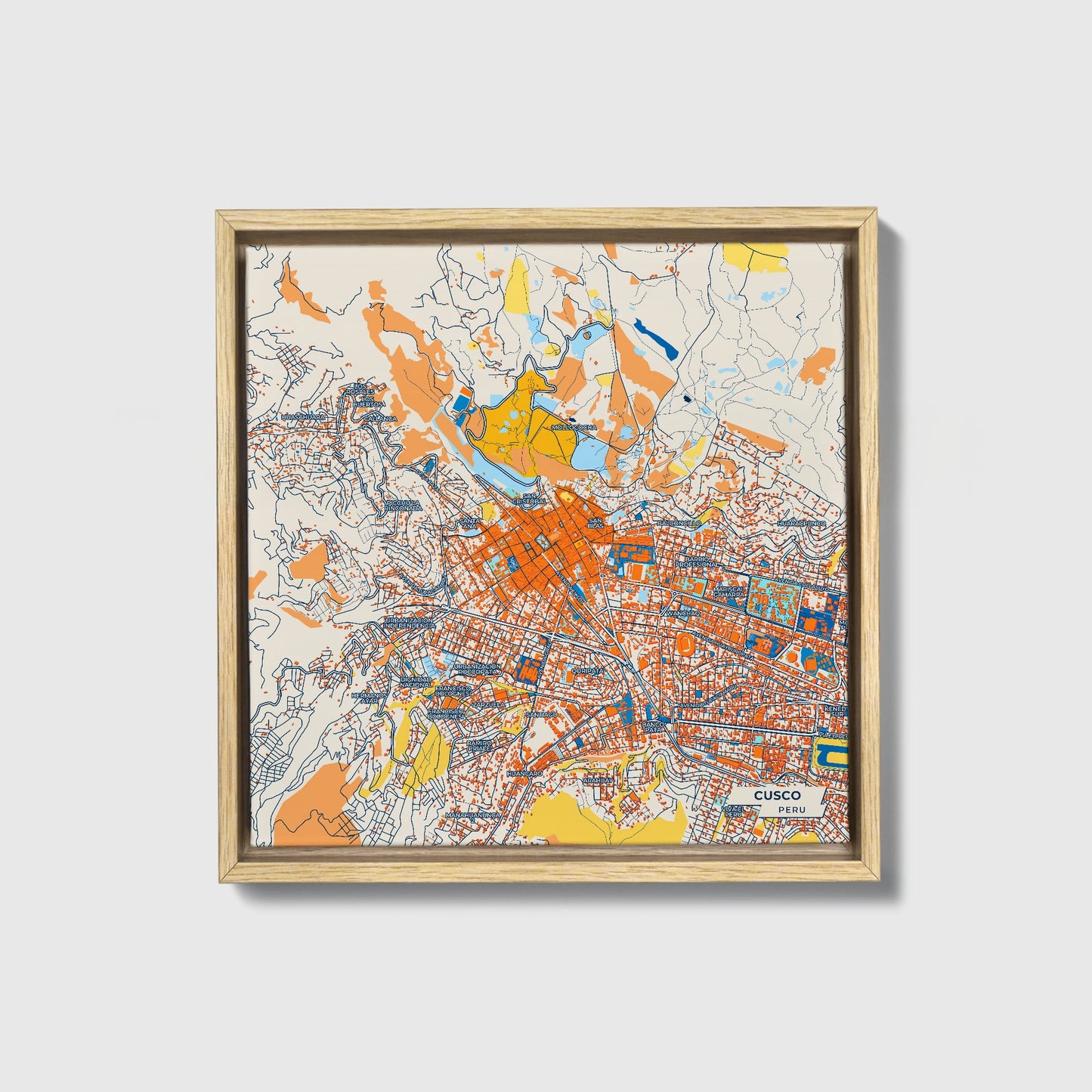 Cusco Peru Colorful City Map Canvas Print • Natural Wooden Framed