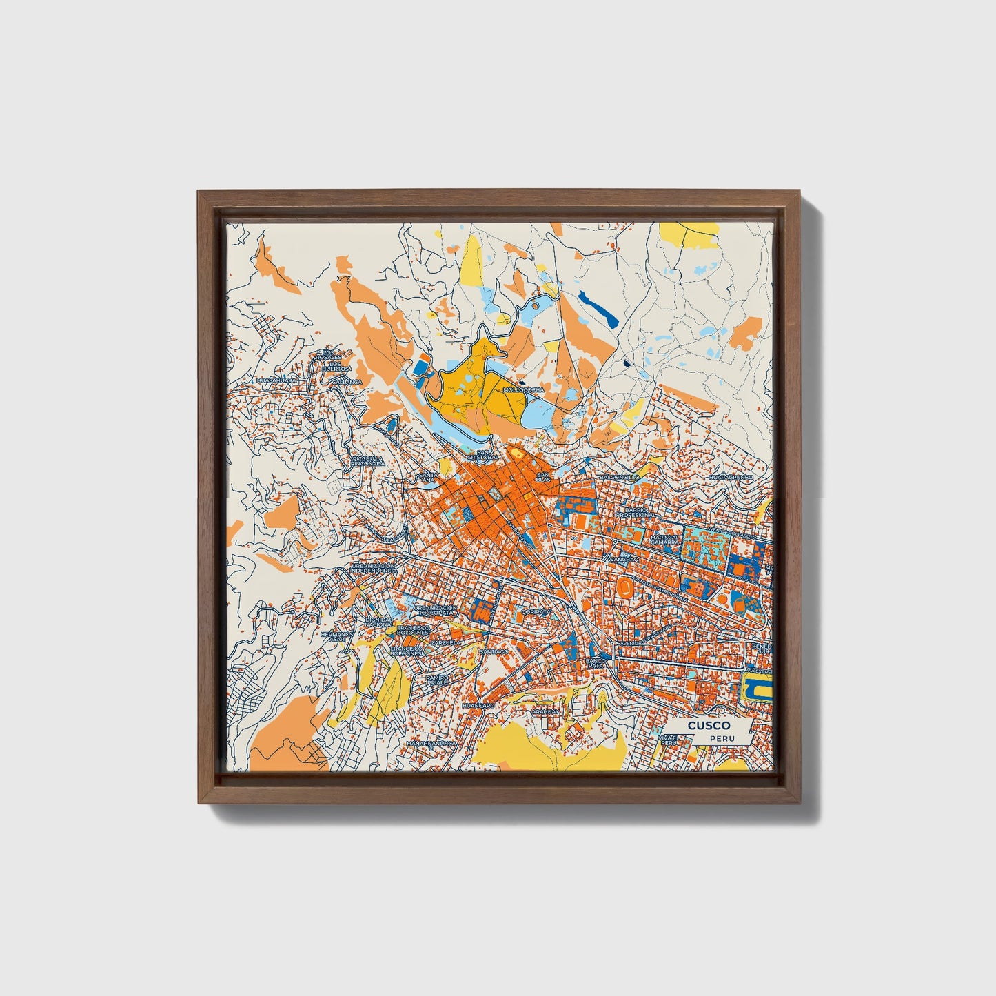 Cusco Peru Colorful City Map Canvas Print • Dark Wooden Framed