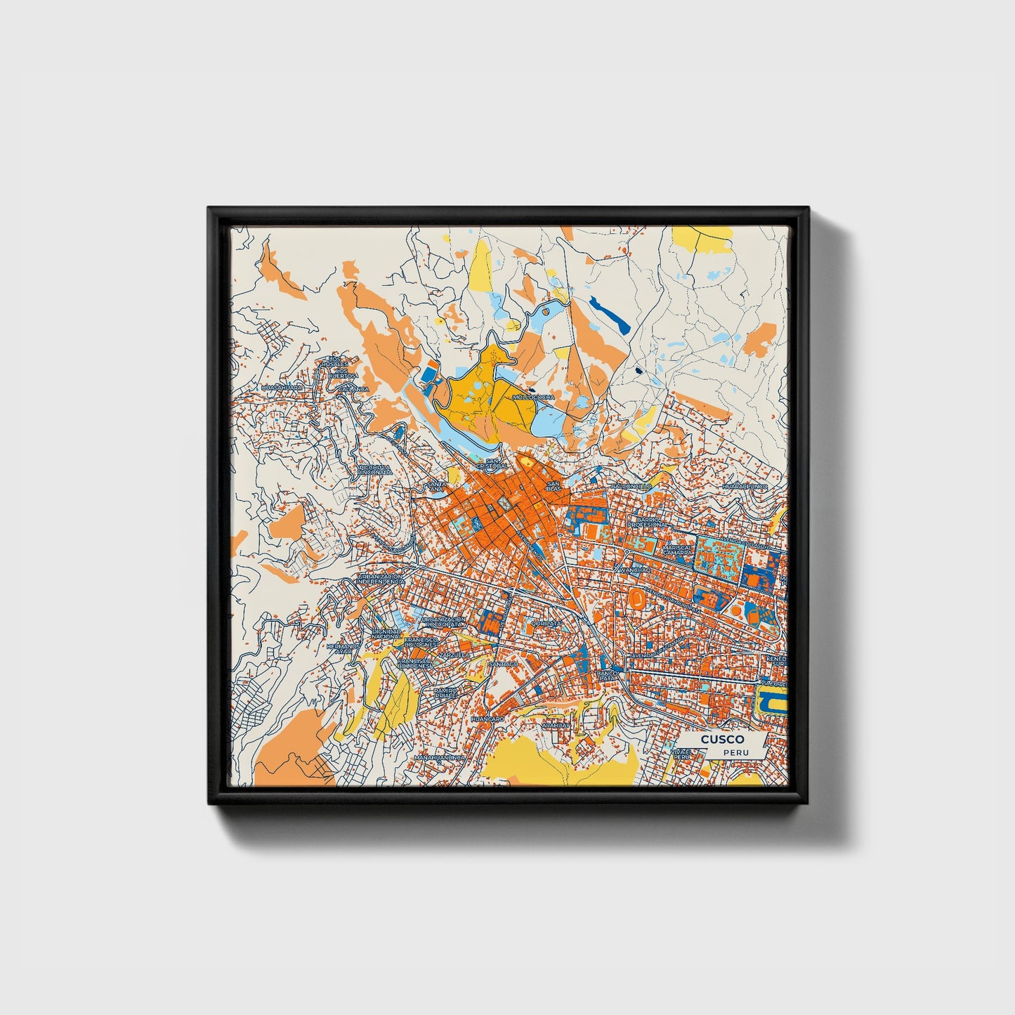 Cusco Peru Colorful City Map Canvas Print • Black Framed