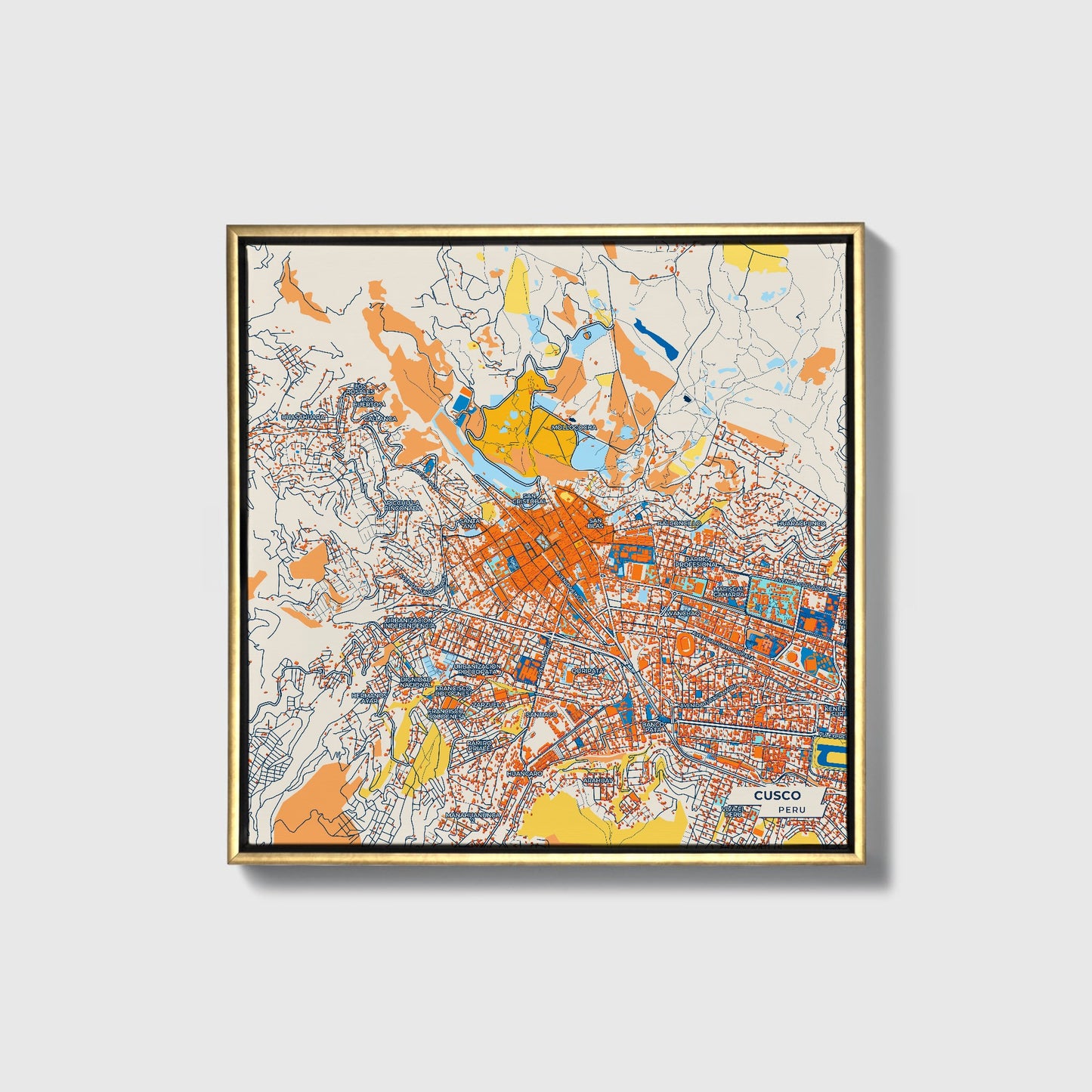 Cusco Peru Colorful City Map Canvas Print • Gold Framed