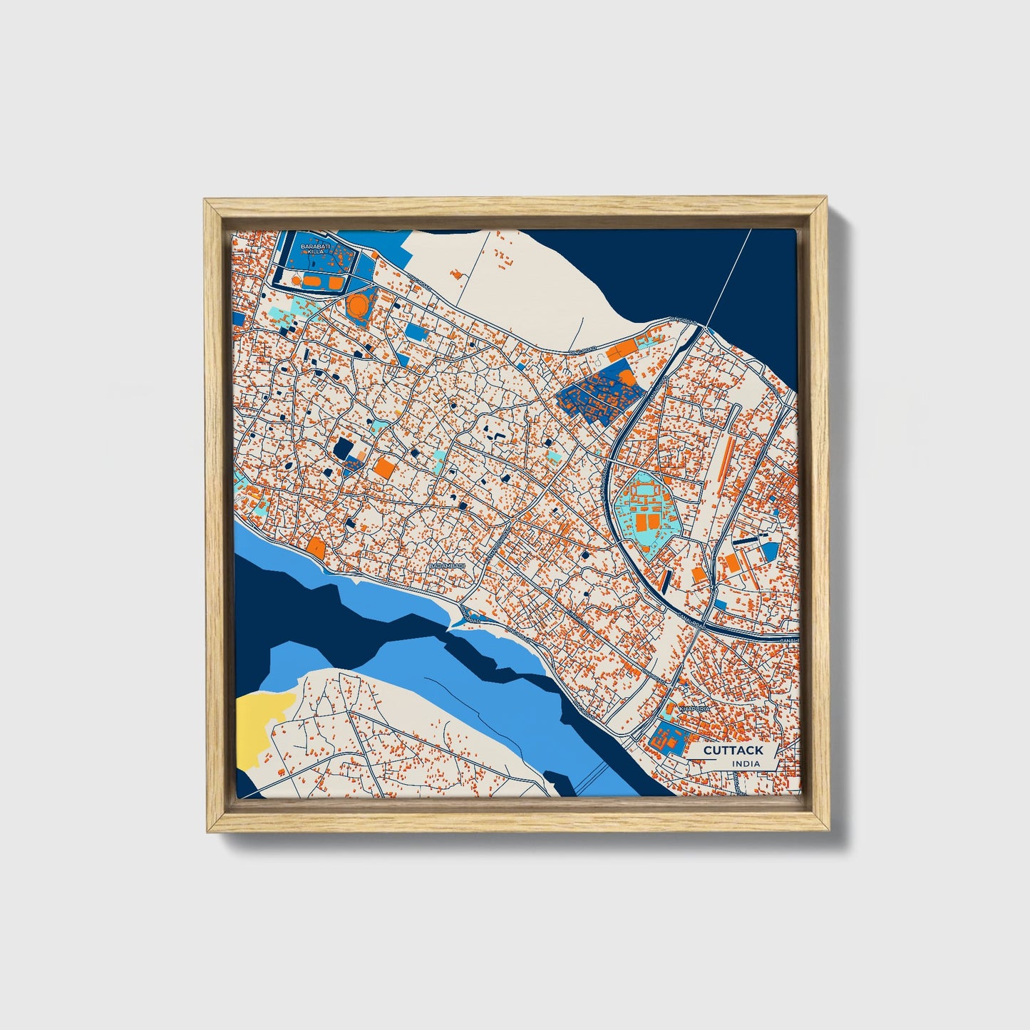 Cuttack India Colorful City Map Canvas Print • Natural Wooden Framed