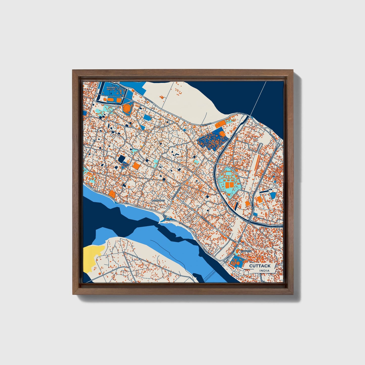 Cuttack India Colorful City Map Canvas Print • Dark Wooden Framed
