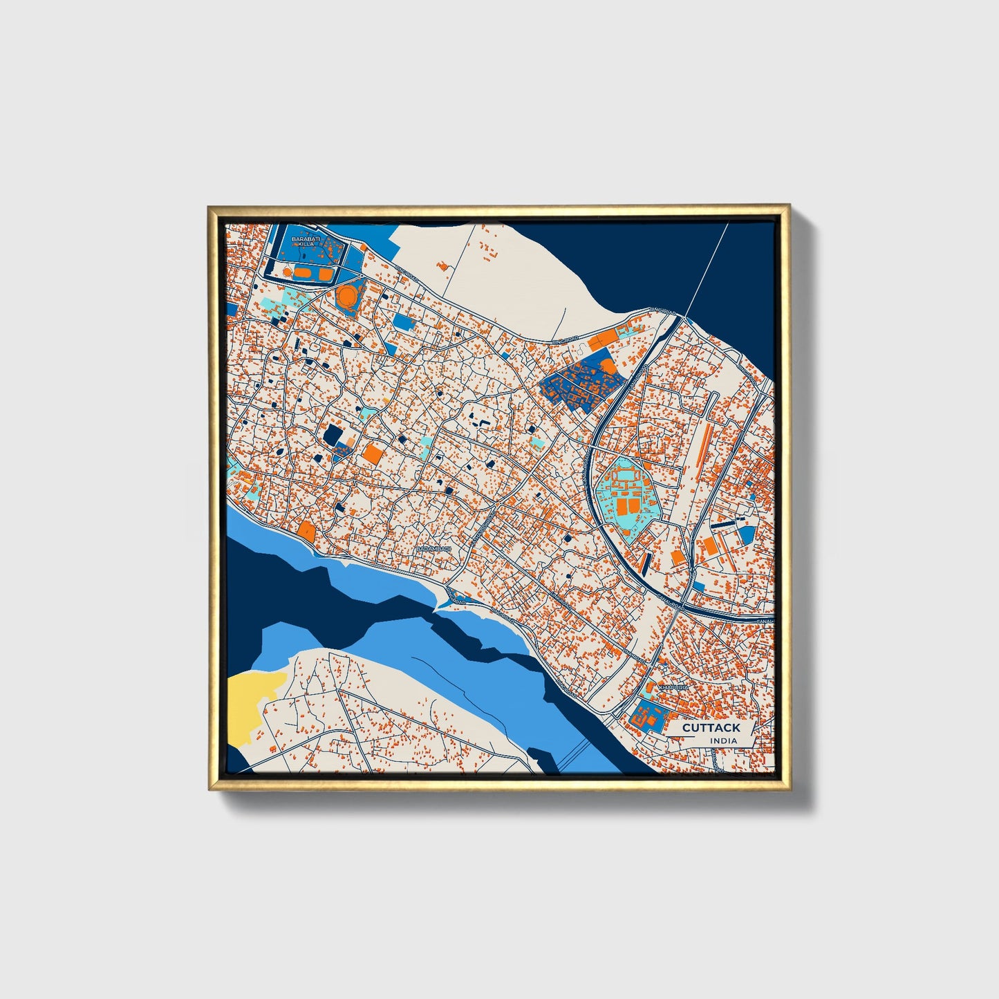 Cuttack India Colorful City Map Canvas Print • Gold Framed