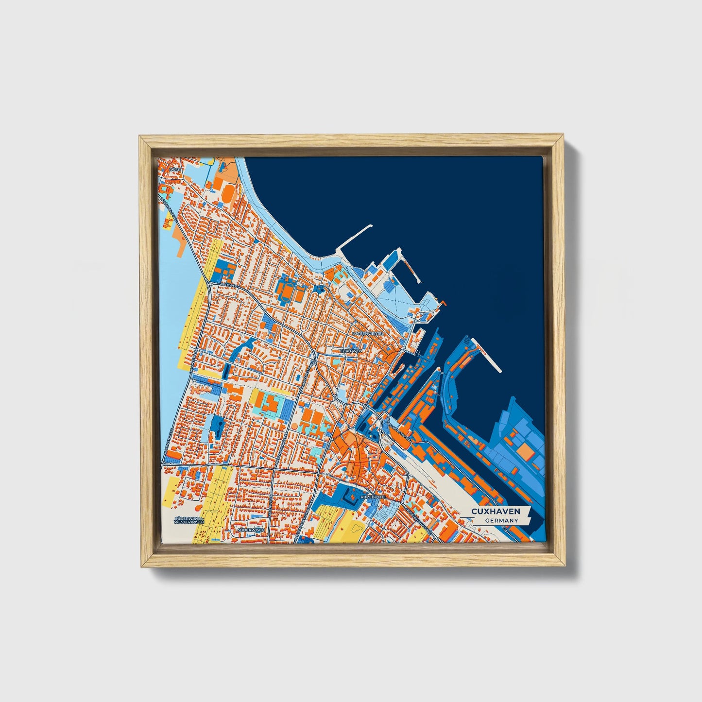 Cuxhaven Germany Colorful City Map Canvas Print • Natural Wooden Framed