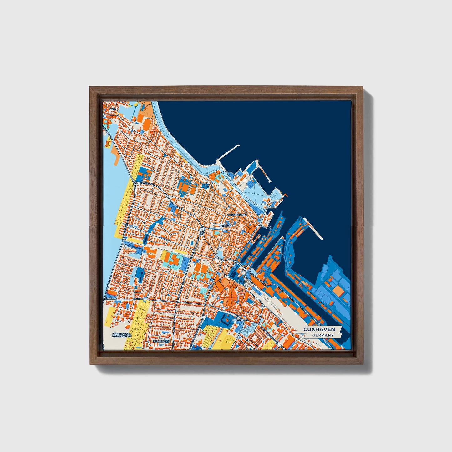 Cuxhaven Germany Colorful City Map Canvas Print • Dark Wooden Framed