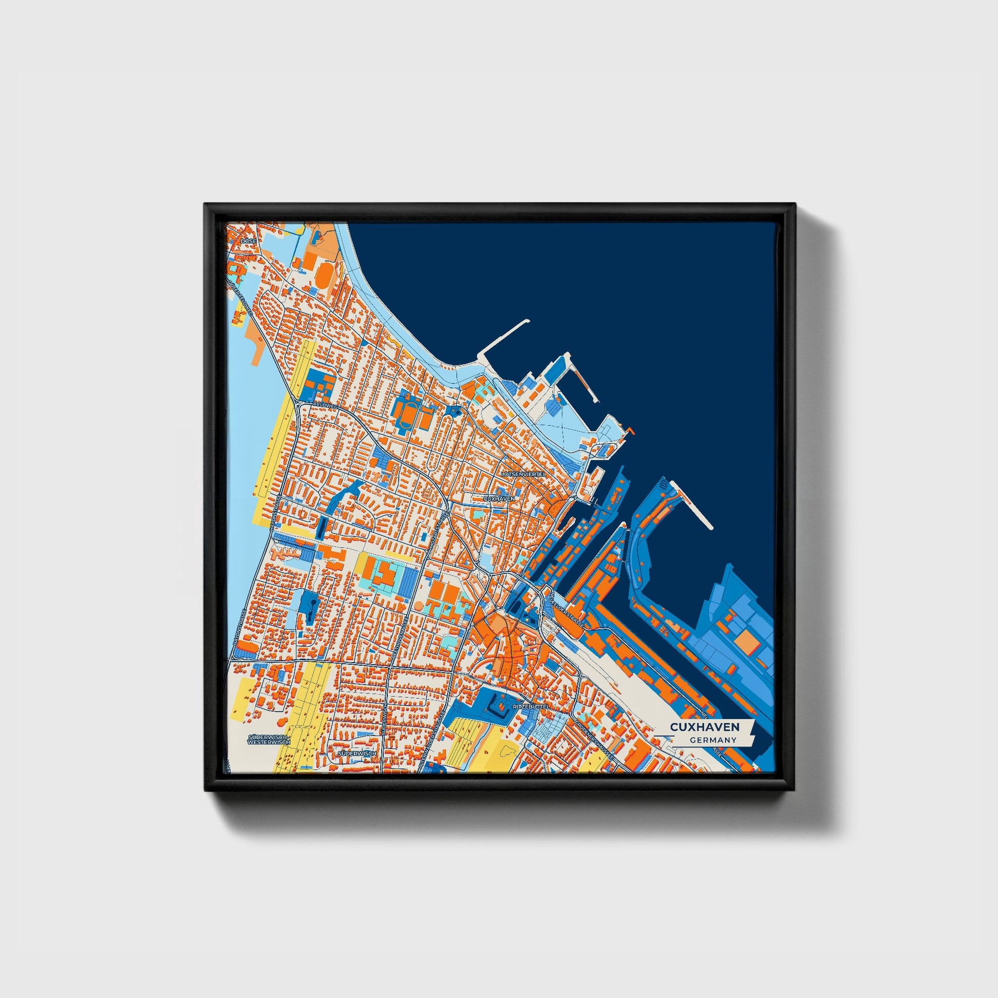 Cuxhaven Germany Colorful City Map Canvas Print • Black Framed