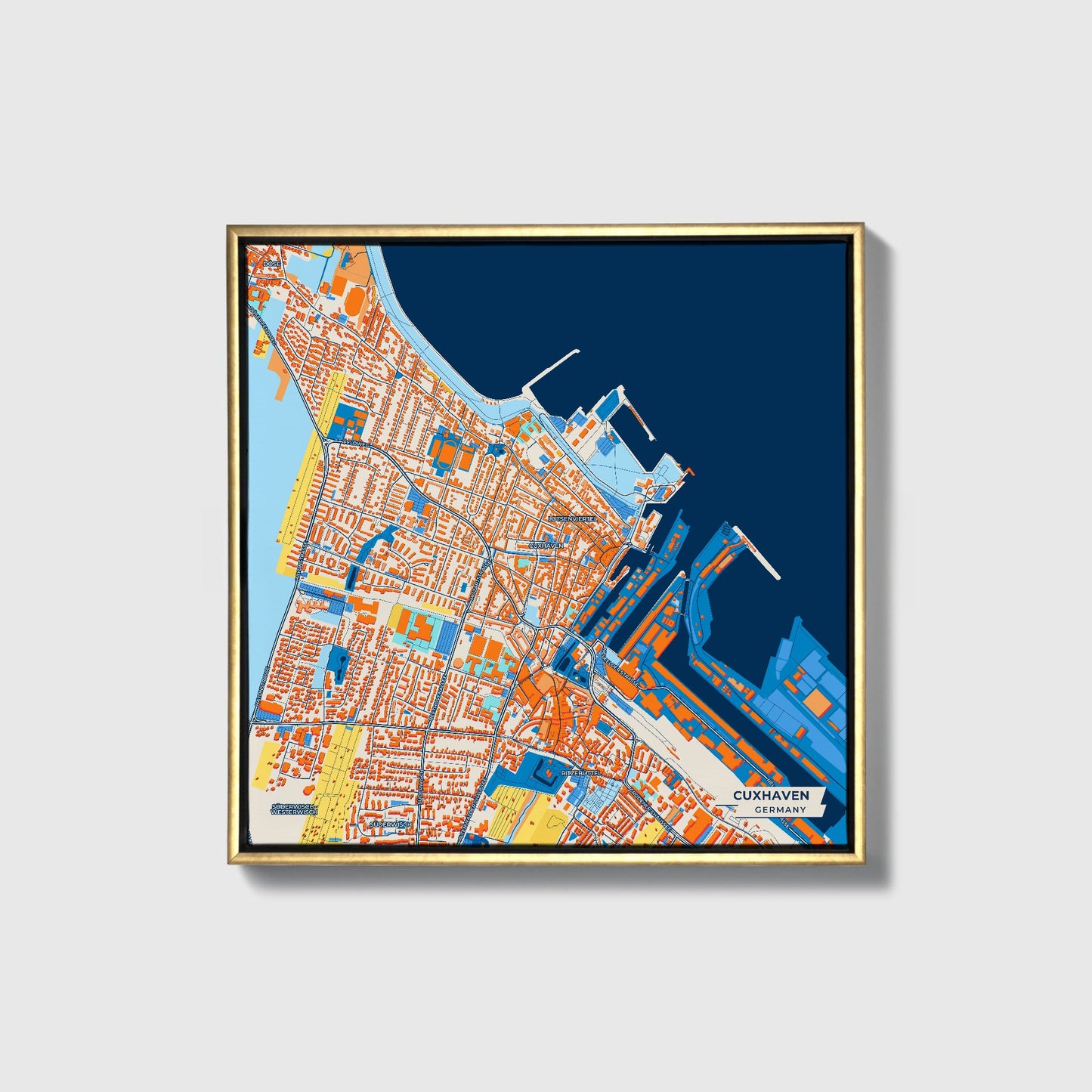 Cuxhaven Germany Colorful City Map Canvas Print • Gold Framed