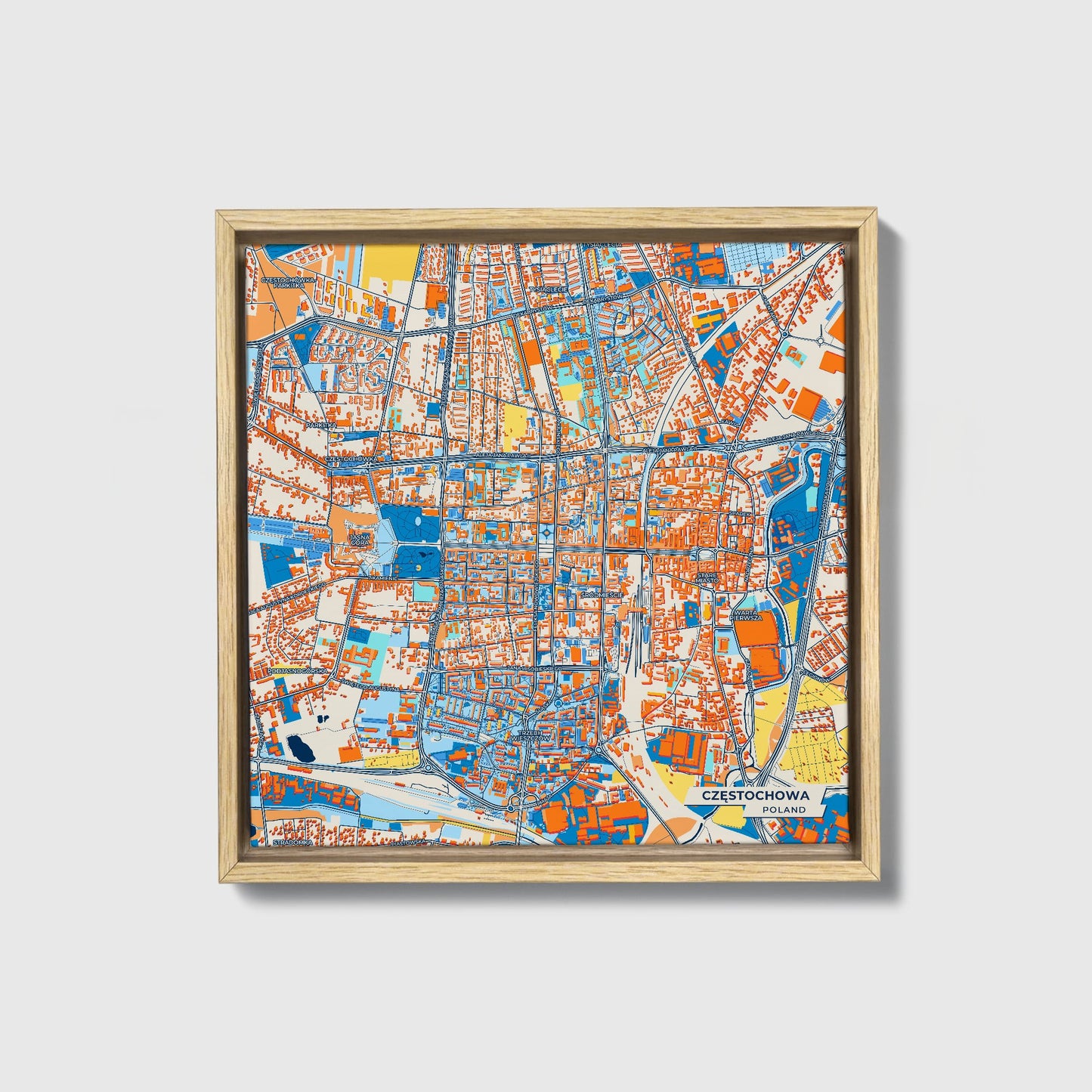 Częstochowa Poland Colorful City Map Canvas Print • Natural Wooden Framed