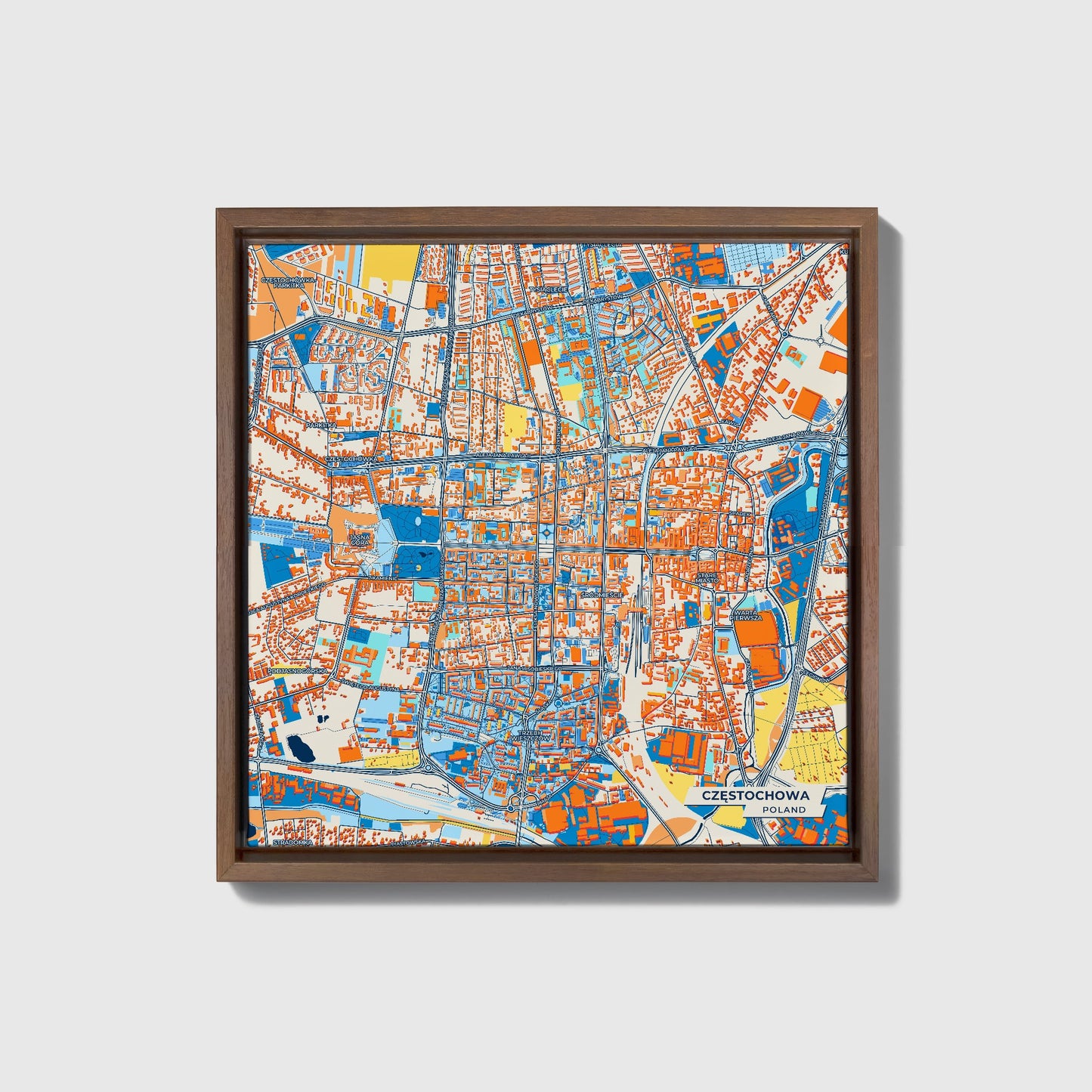 Częstochowa Poland Colorful City Map Canvas Print • Dark Wooden Framed