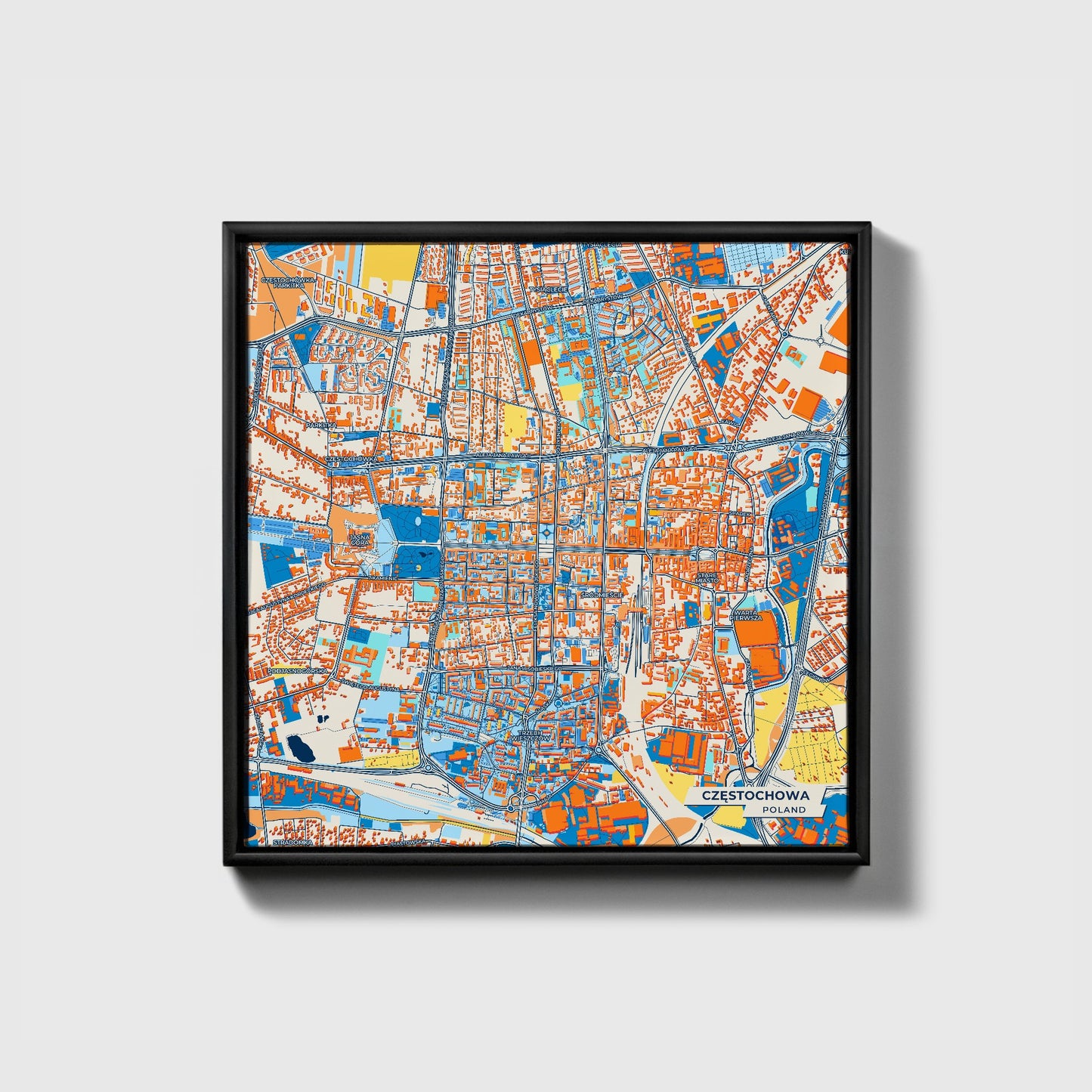 Częstochowa Poland Colorful City Map Canvas Print • Black Framed