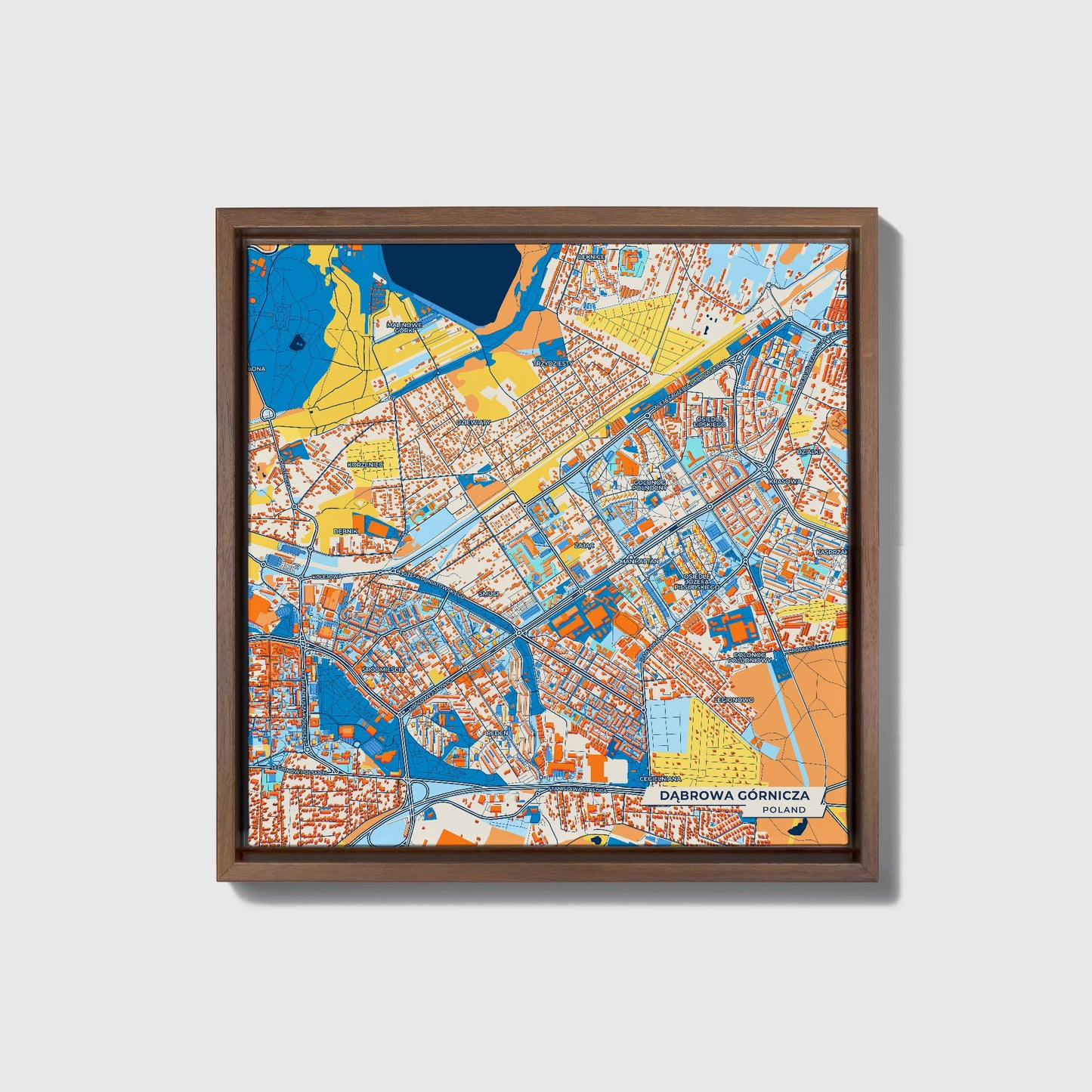 Dąbrowa Górnicza Poland Colorful City Map Canvas Print • Dark Wooden Framed