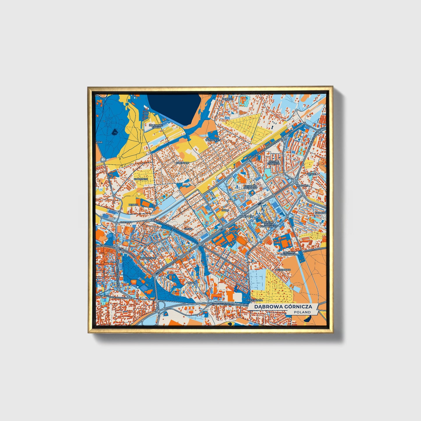 Dąbrowa Górnicza Poland Colorful City Map Canvas Print • Gold Framed