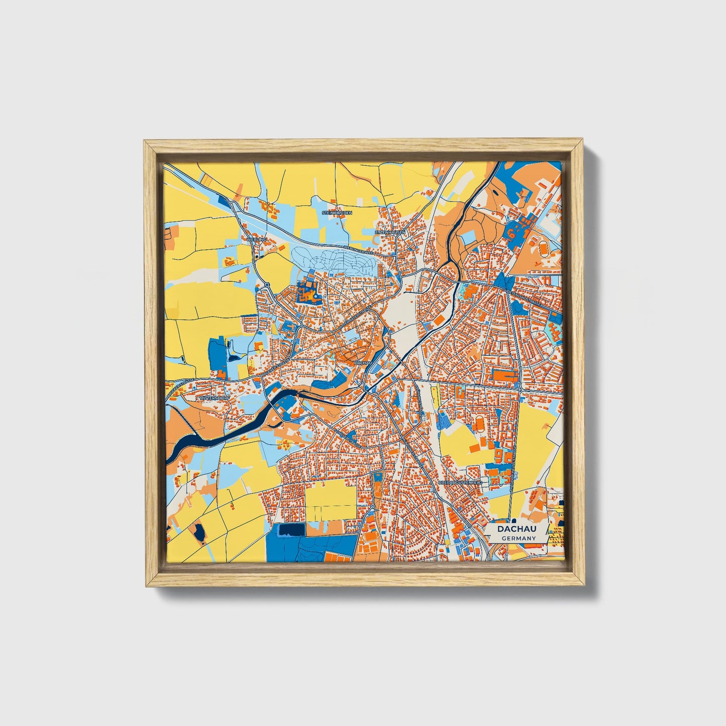 Dachau Germany Colorful City Map Canvas Print • Natural Wooden Framed
